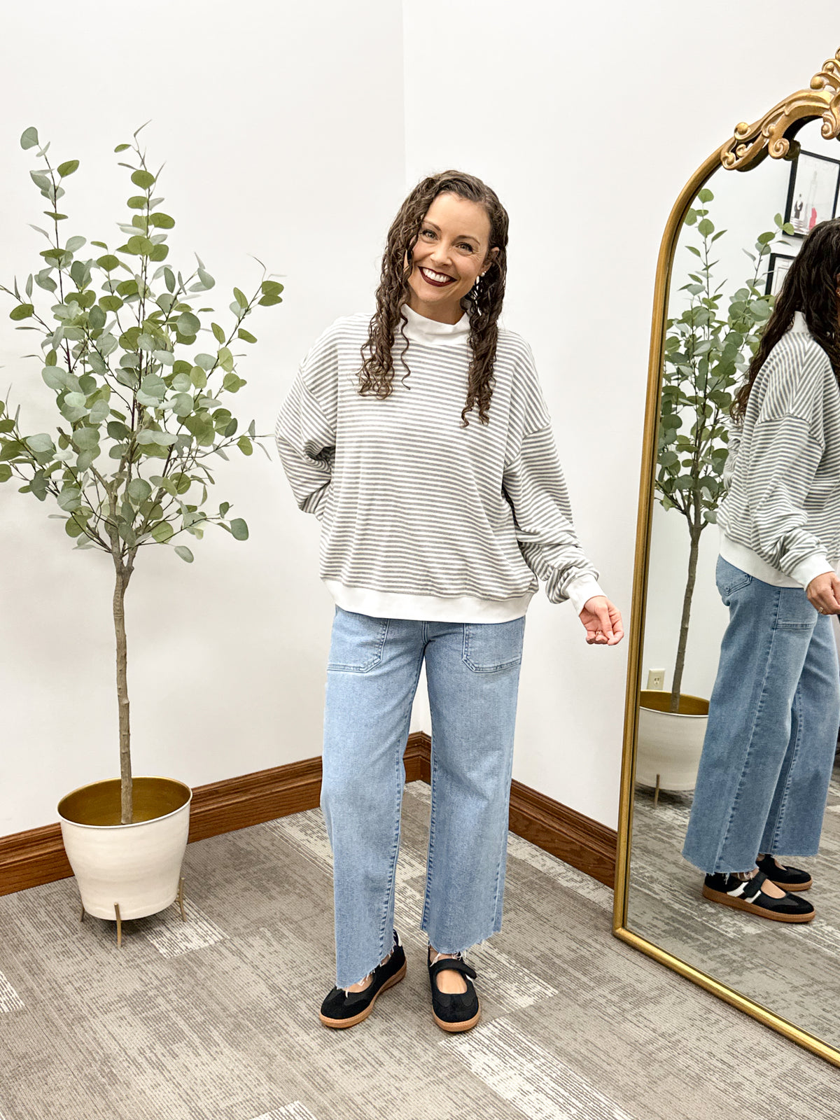 Striped Brushed Mock Neck Knit Top