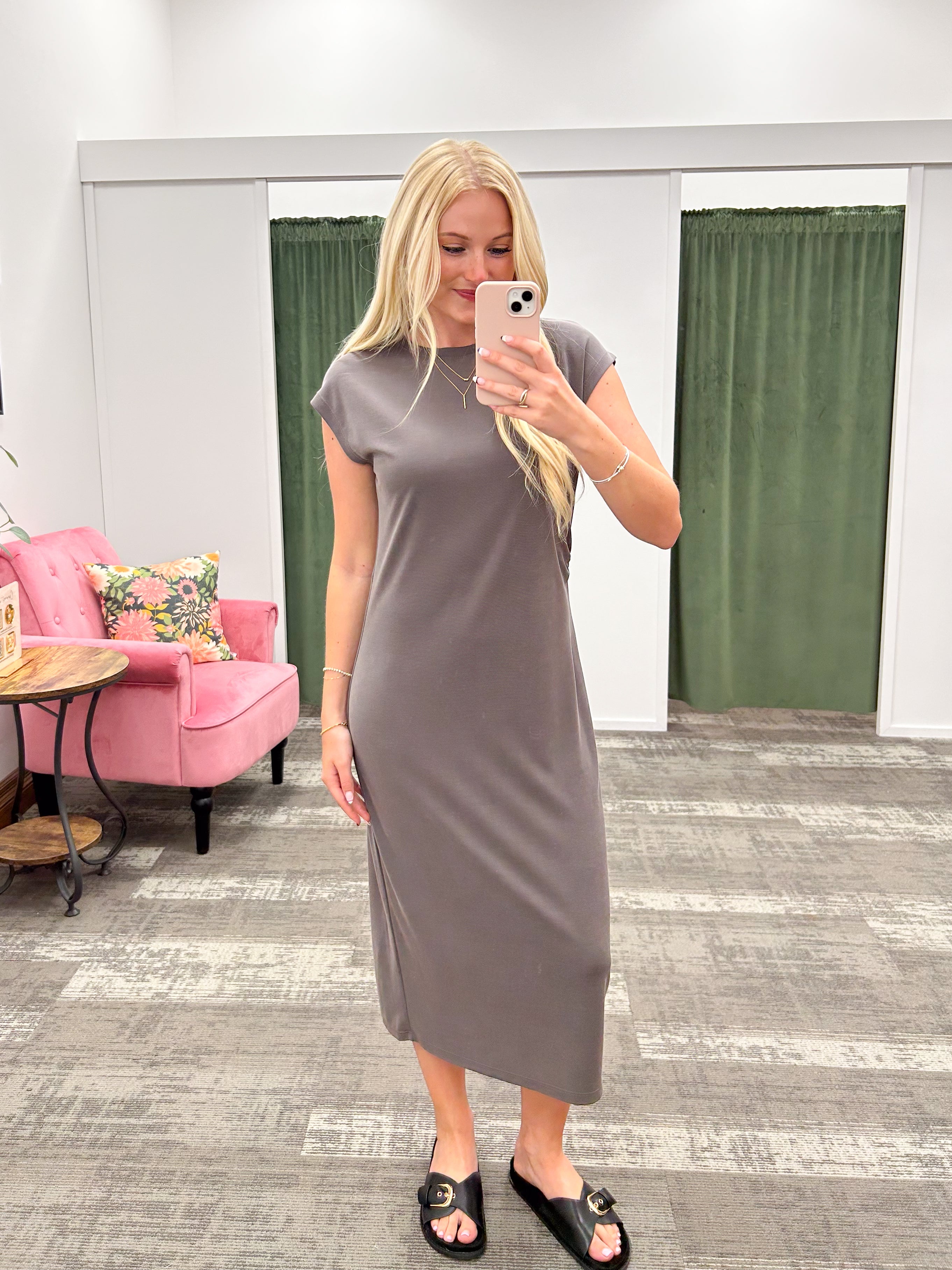Gray Cap Sleeve Casual Midi Dress