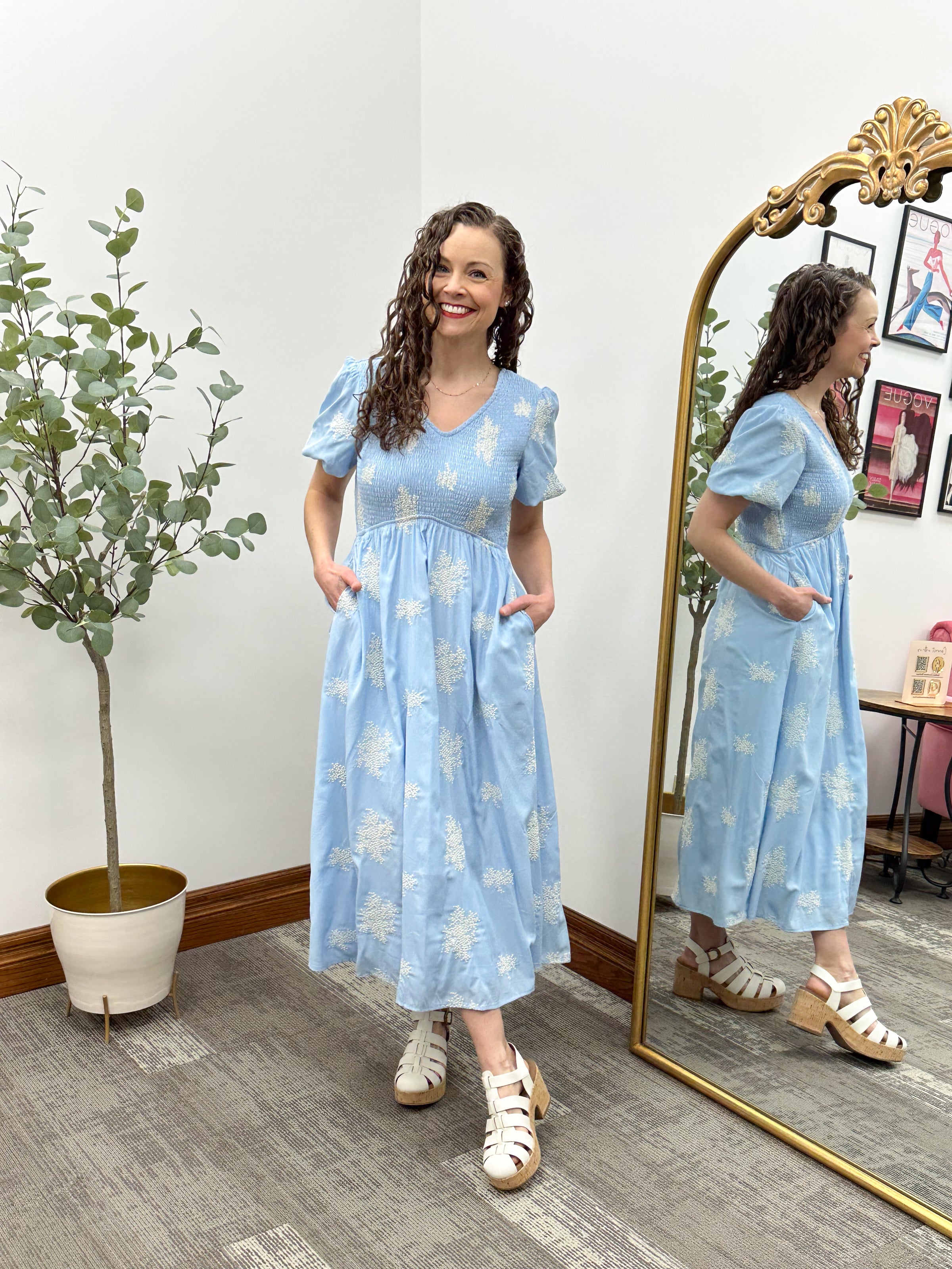 Sky Blue Embroidered Midi Dress