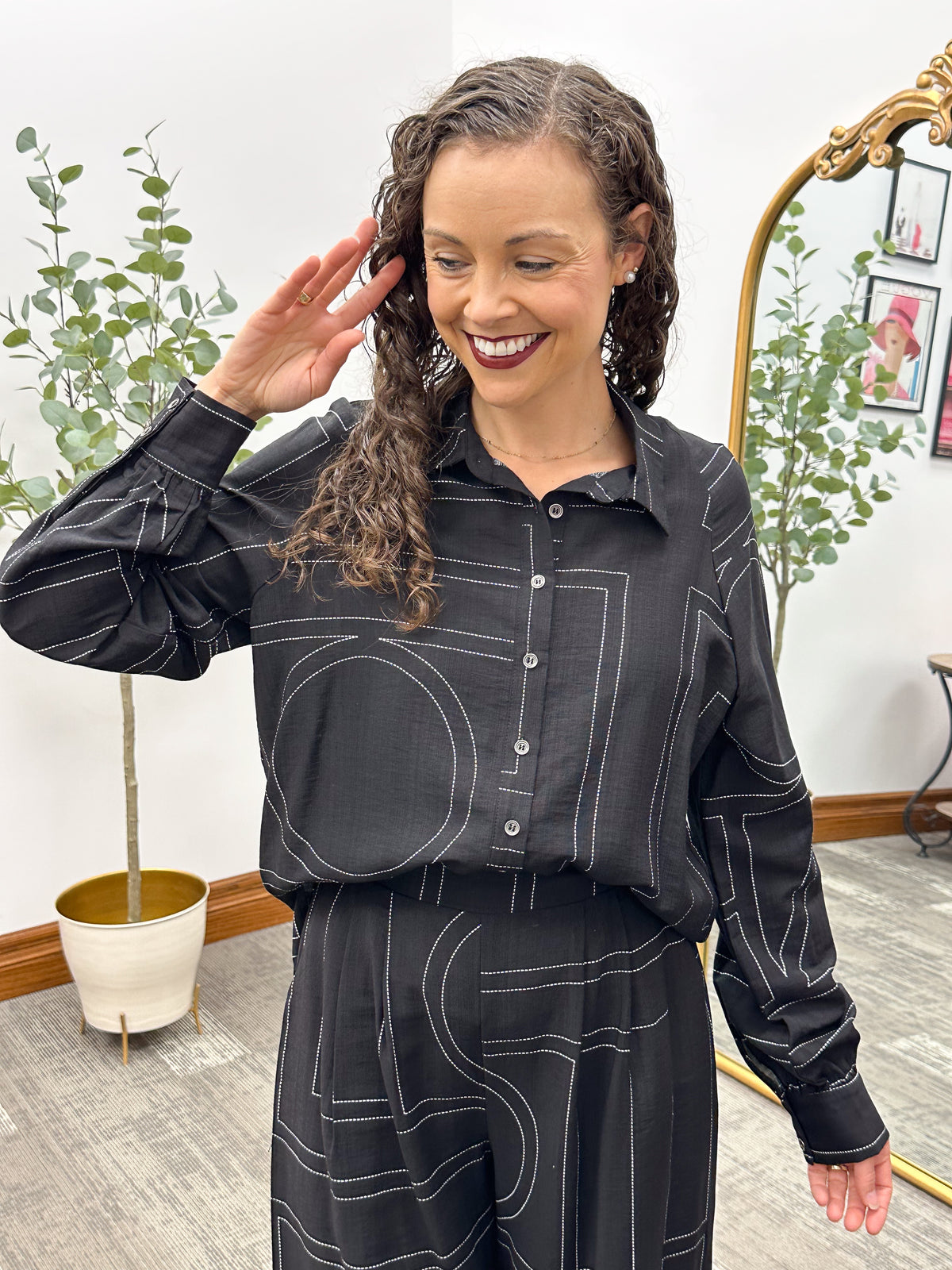 Black Line Stitch Button Up Blouse, cute matching set