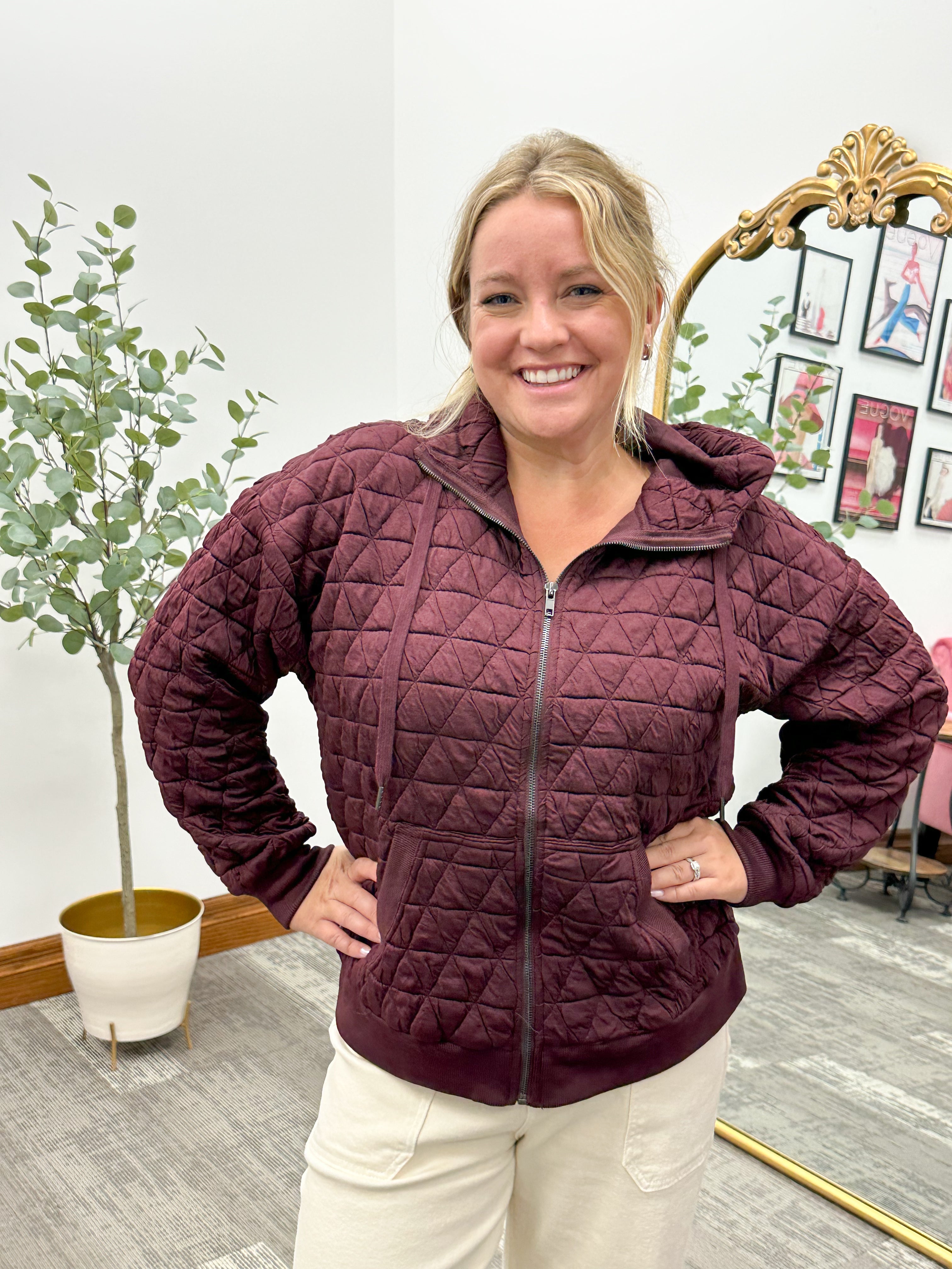 Burgundy Quilted Zip Up Hoodie Sweatshirt