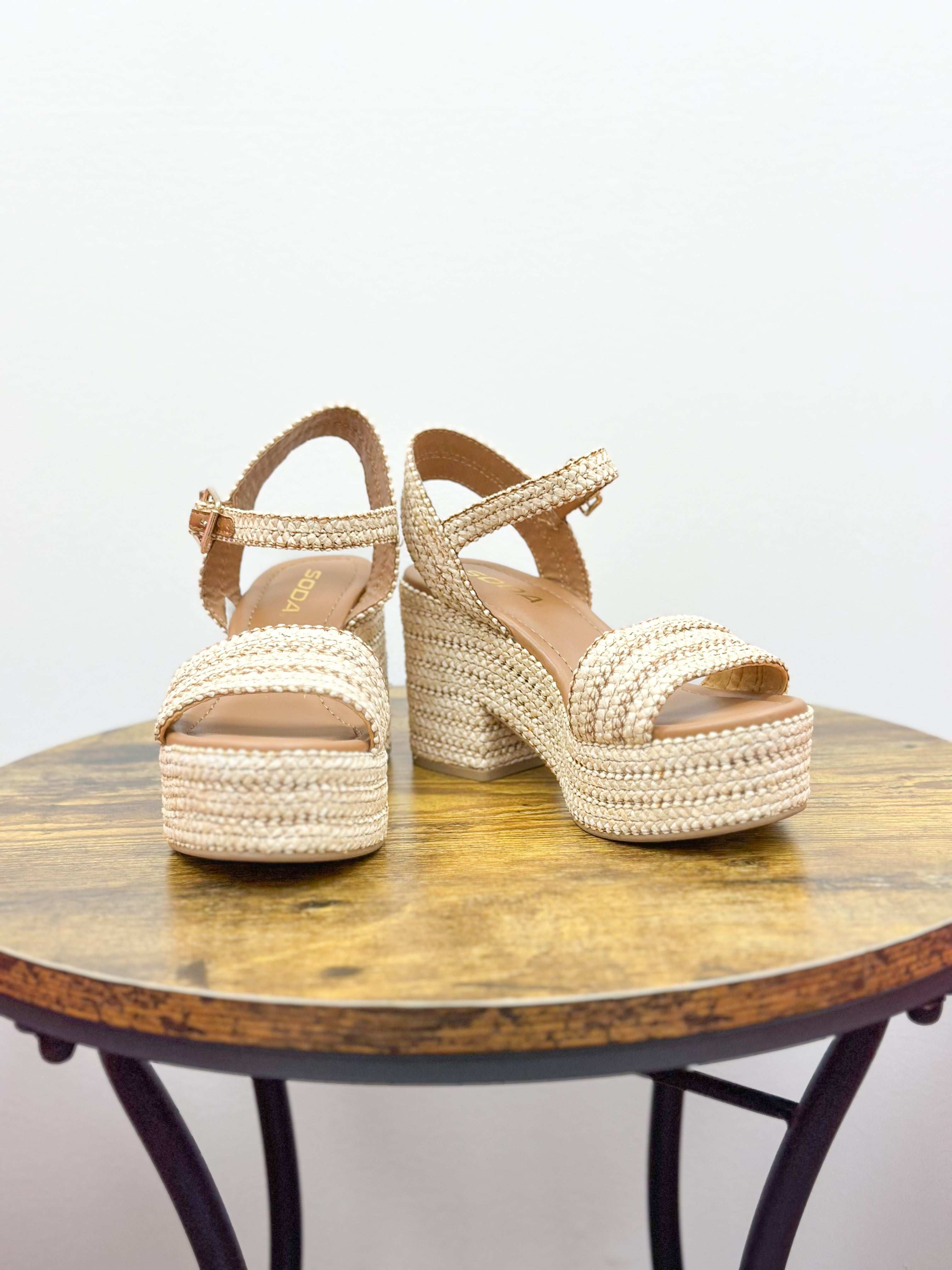 Beige Raffia Block Heel Sandals