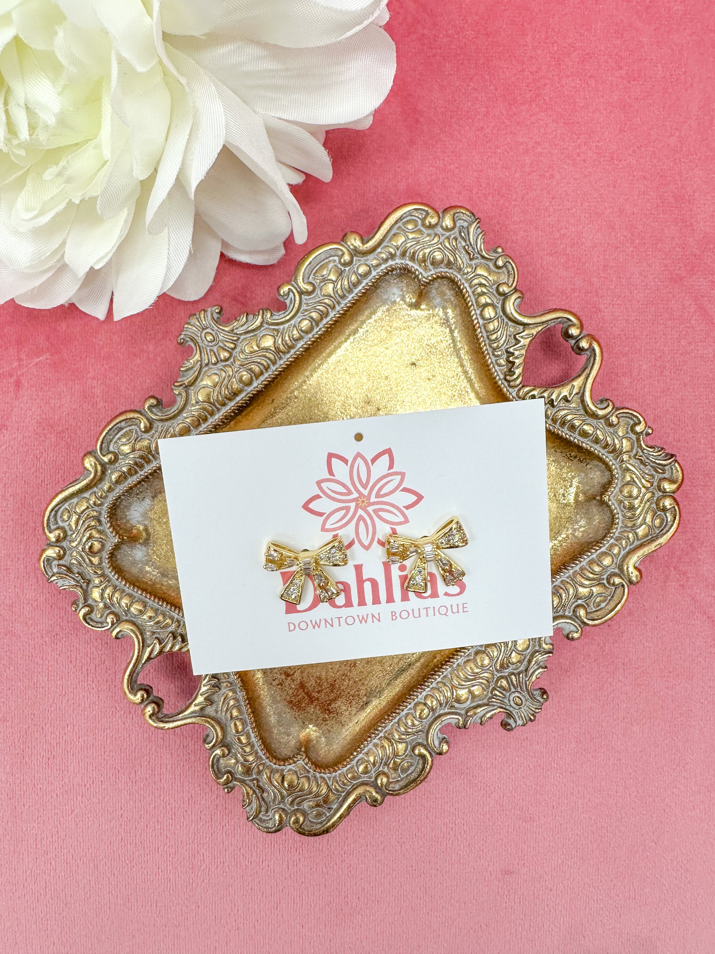 Gold & Rhinestone Bow Earrings