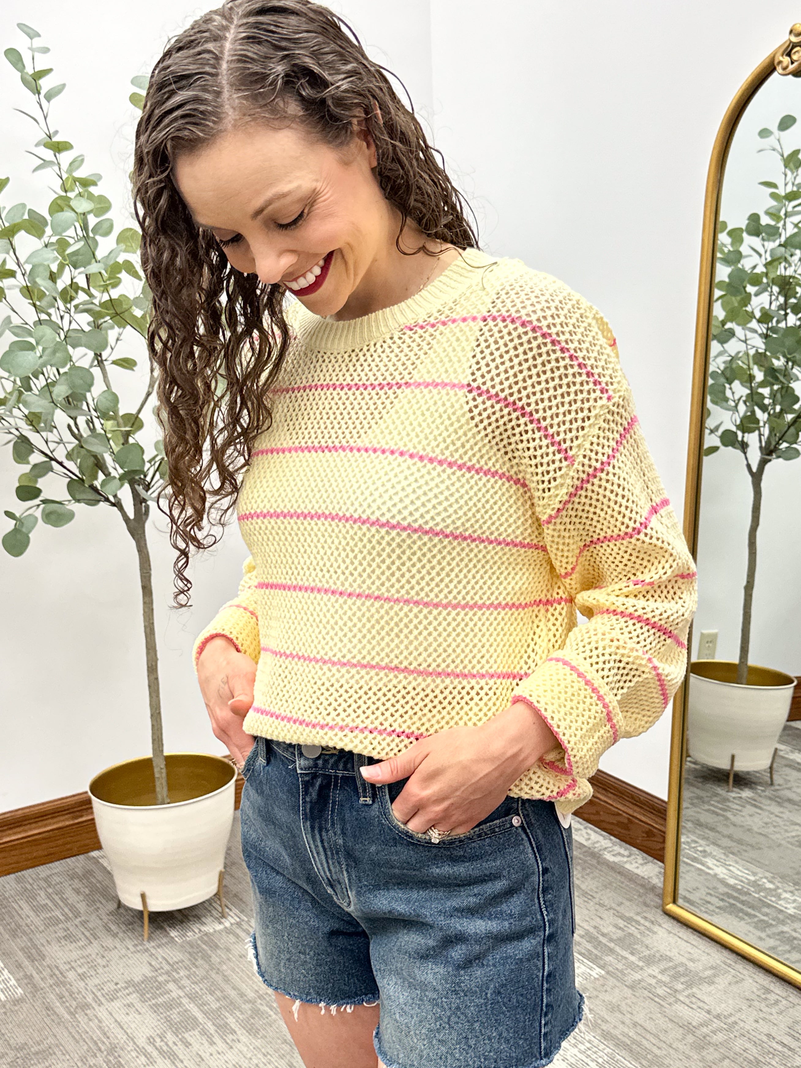Yellow & Pink Striped Open Knit Sweater