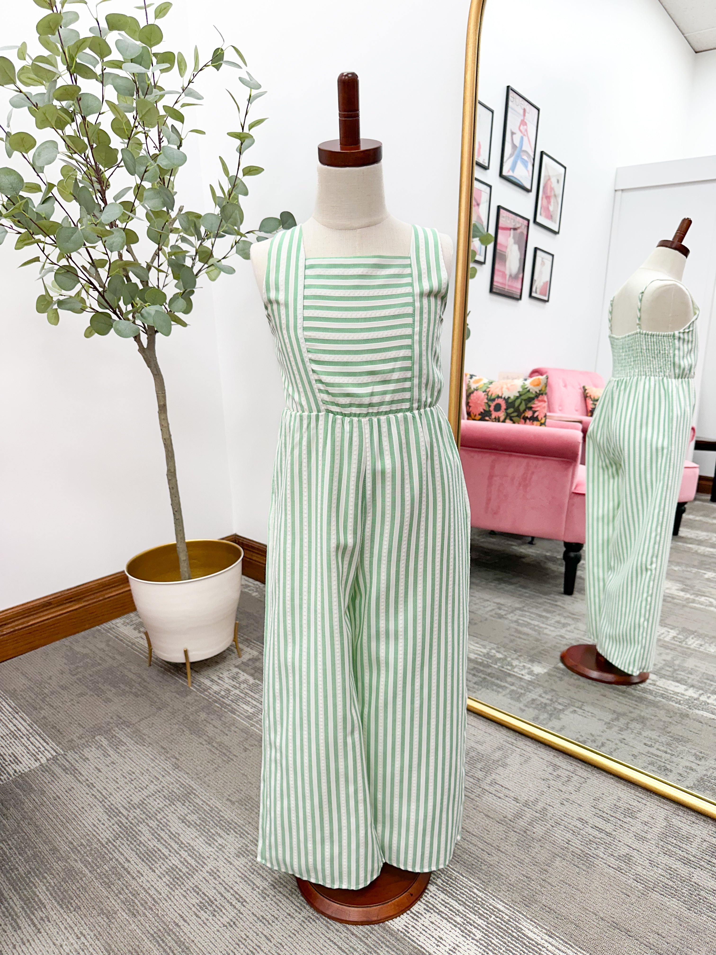Girls Green Striped Jumpsuit
