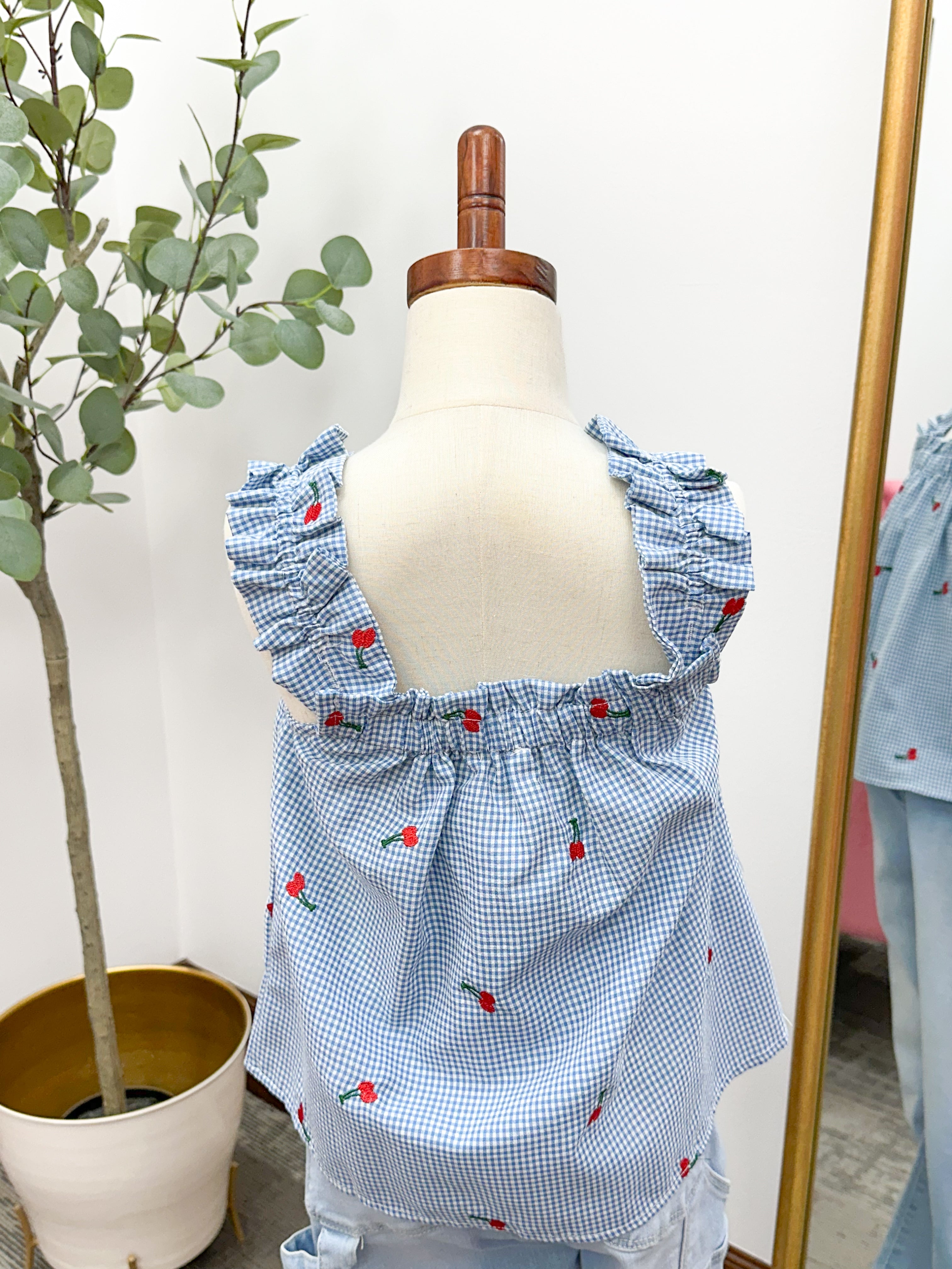 Girls Blue Gingham Cherry Tank Top