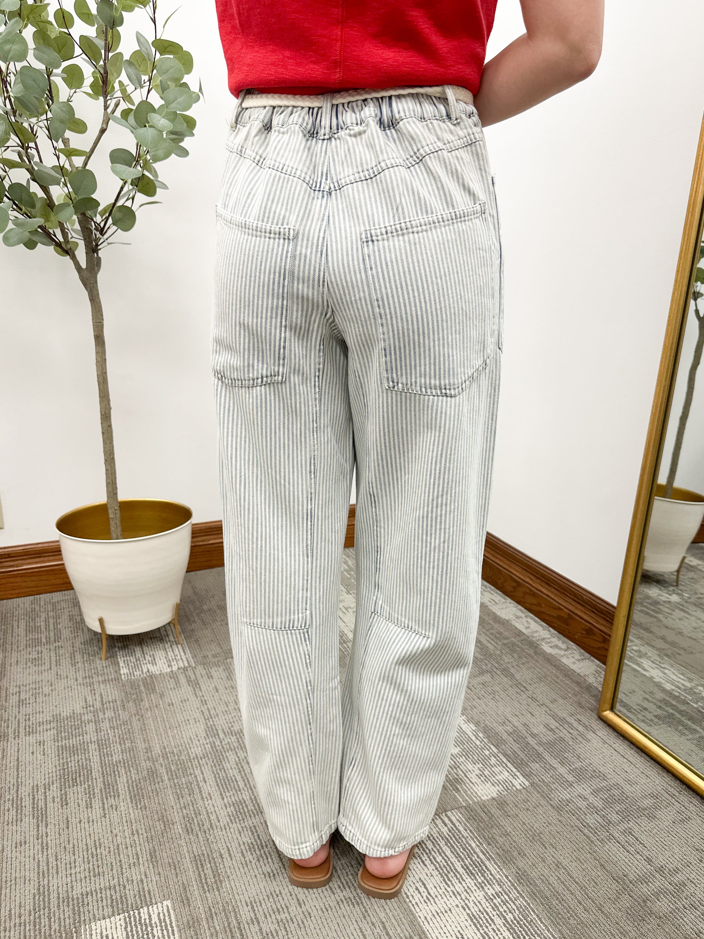 Blue & Cream Striped Barrel Jeans