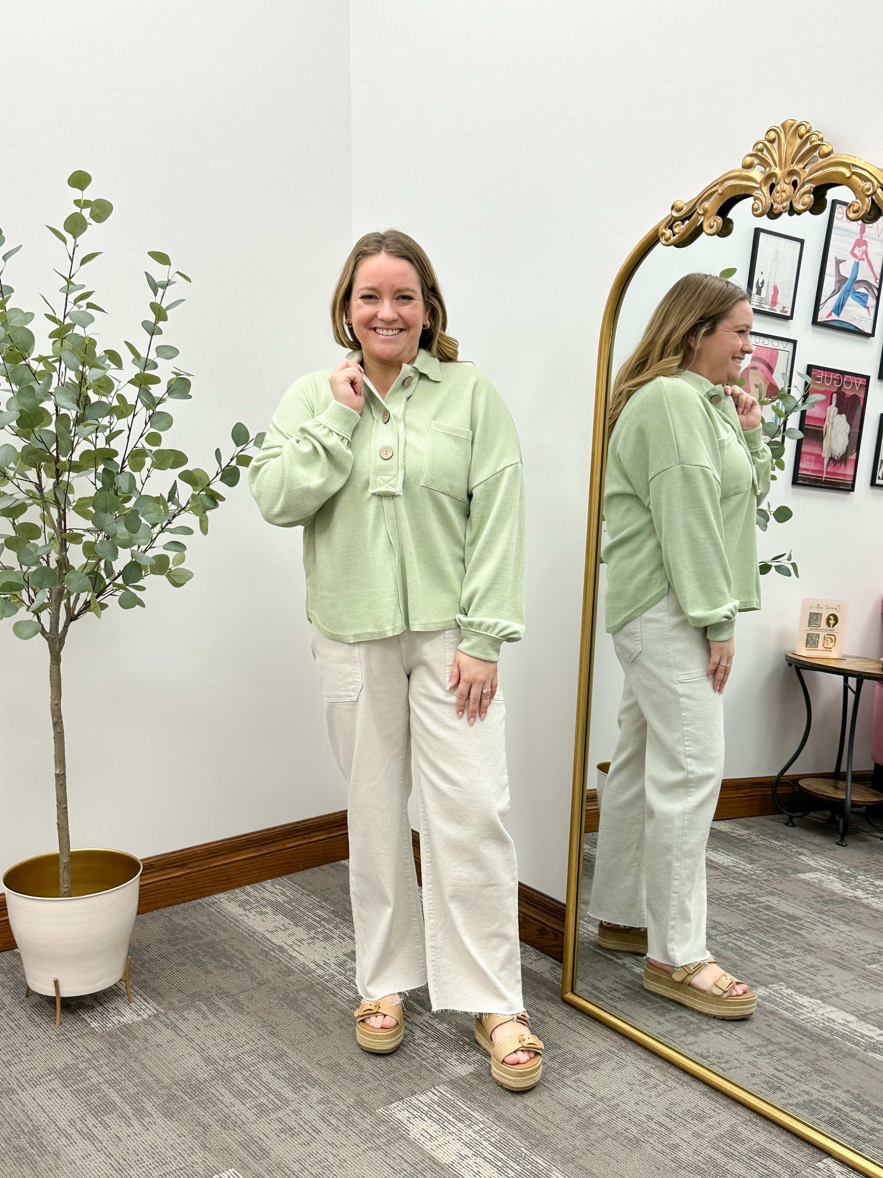 Lexi Sage Collared Button Top