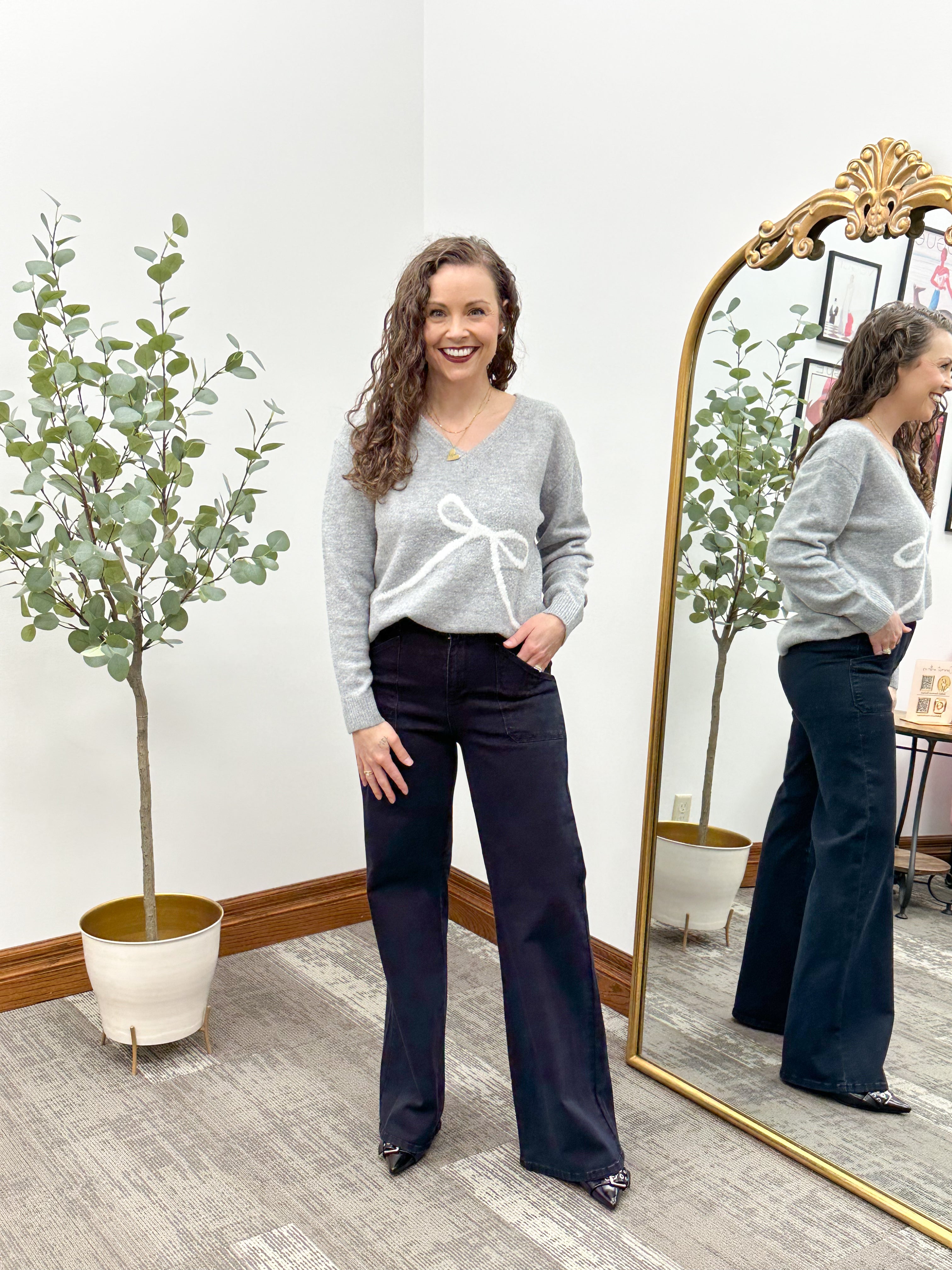Gray V-Neck Bow Sweater