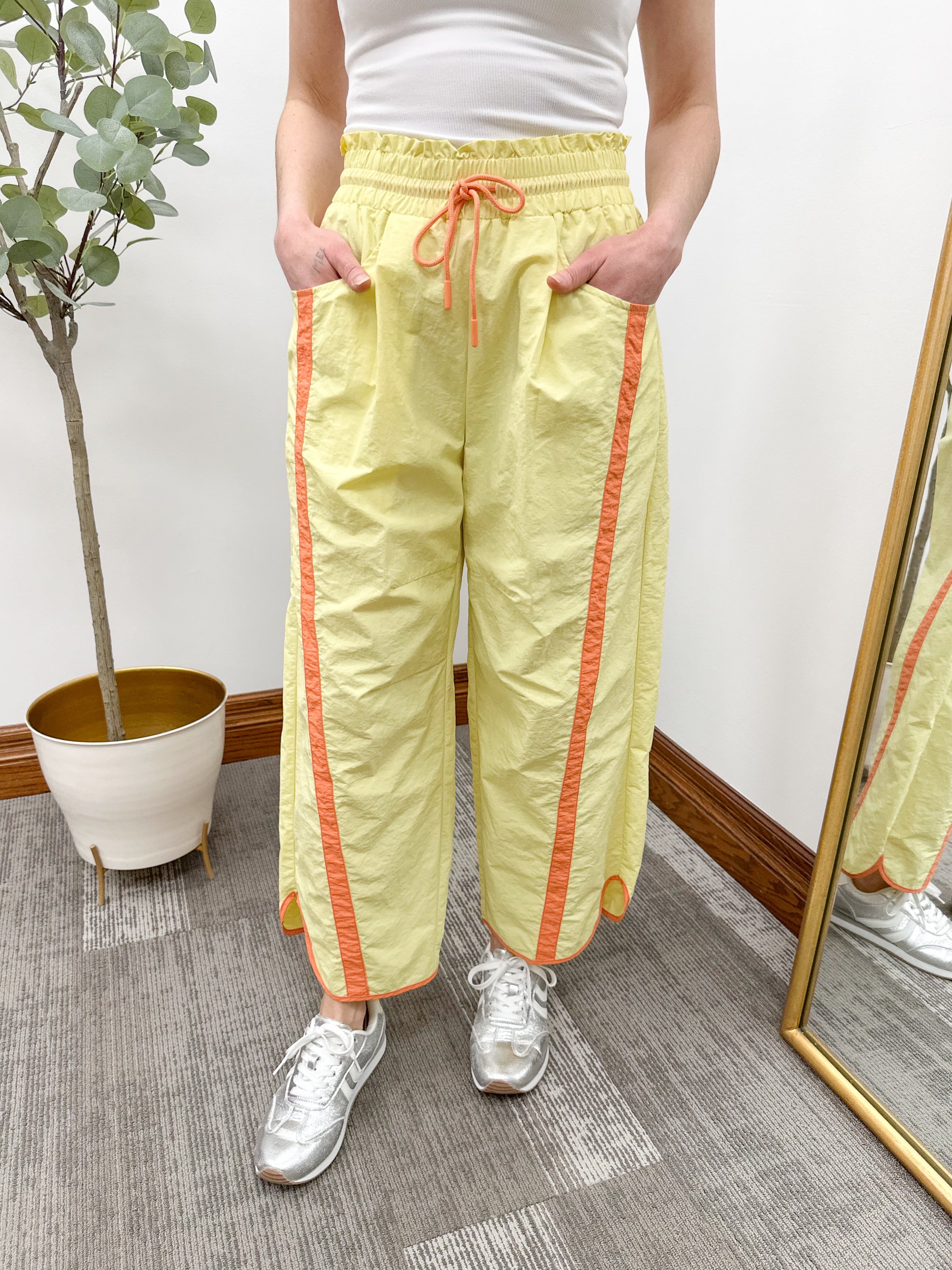 Yellow and orange barrel pants, trendy barrel track pants, tik tok barrel pants 