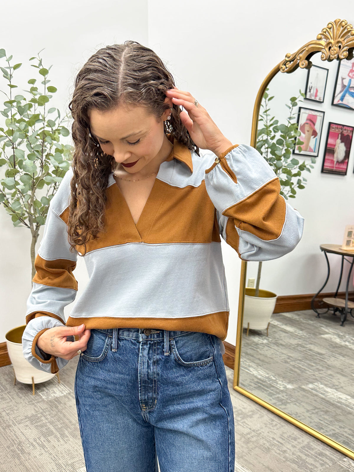 Tan & Blue Striped Collared Long Sleeve Top