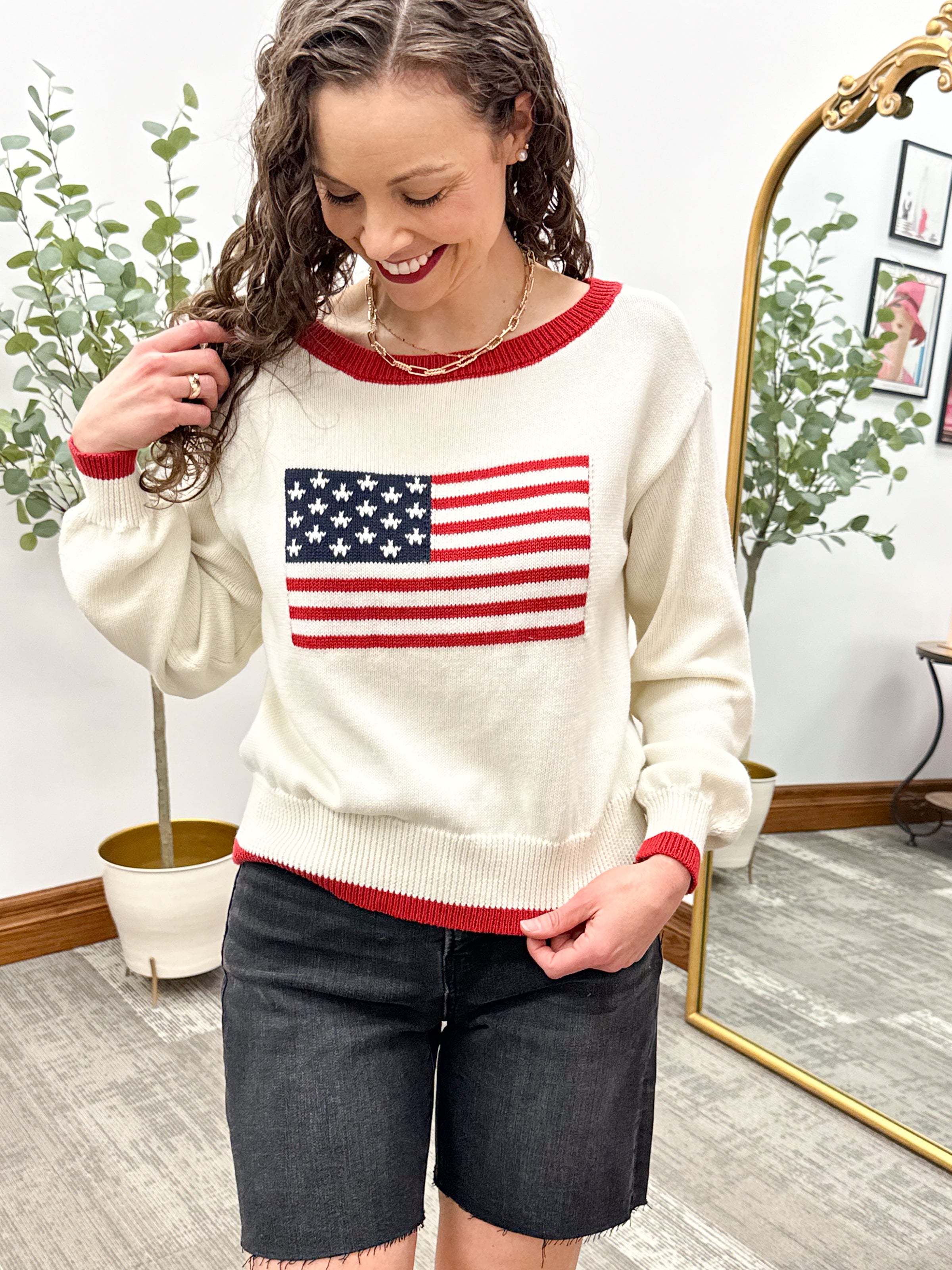 Cream American Flag Sweater, Americana Sweater, Memorial Day Sweater, 4th of July Sweater