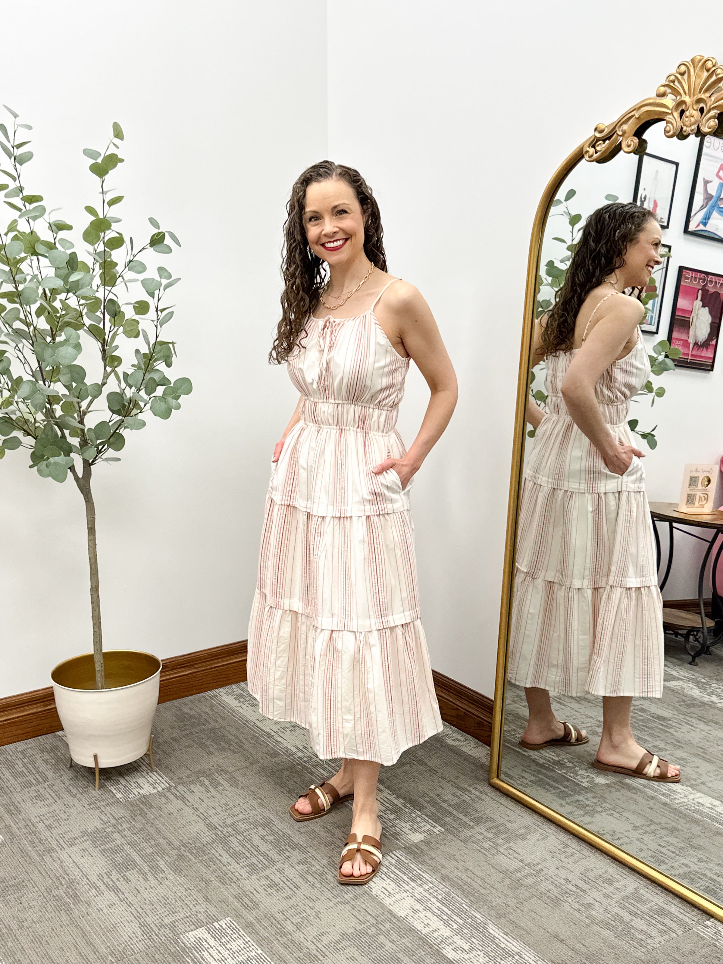 Cream & Red Striped Midi Dress