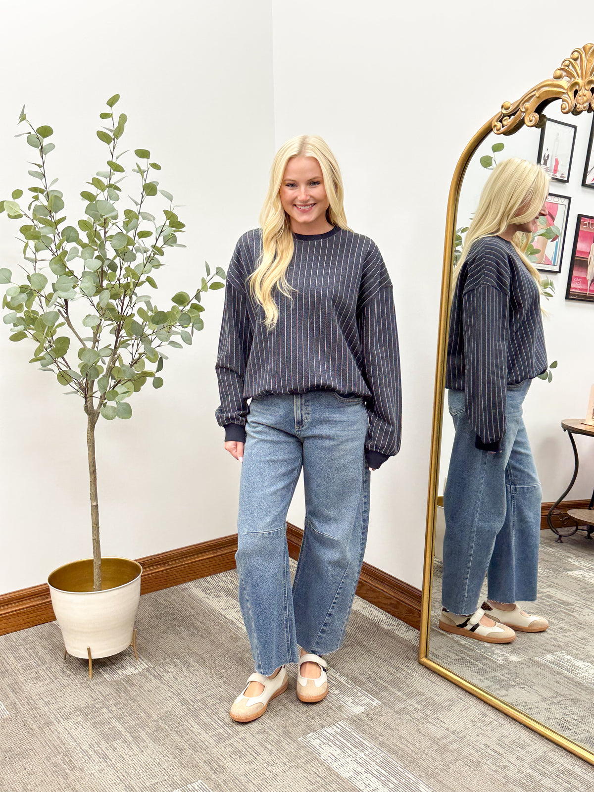 Striped Fleece Crew Neck Sweatshirt