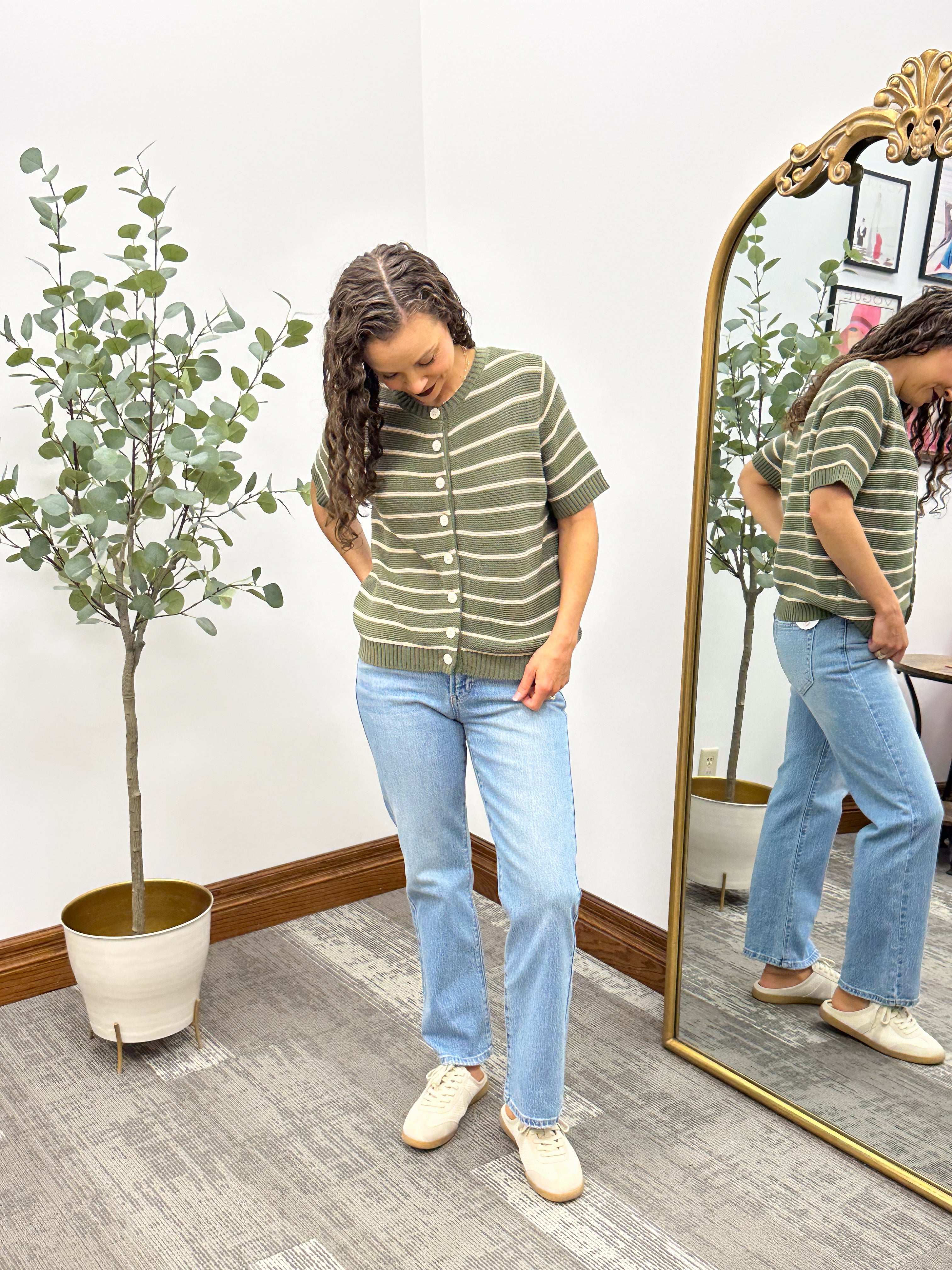 Olive & Beige Striped Short Sleeve Cardigan