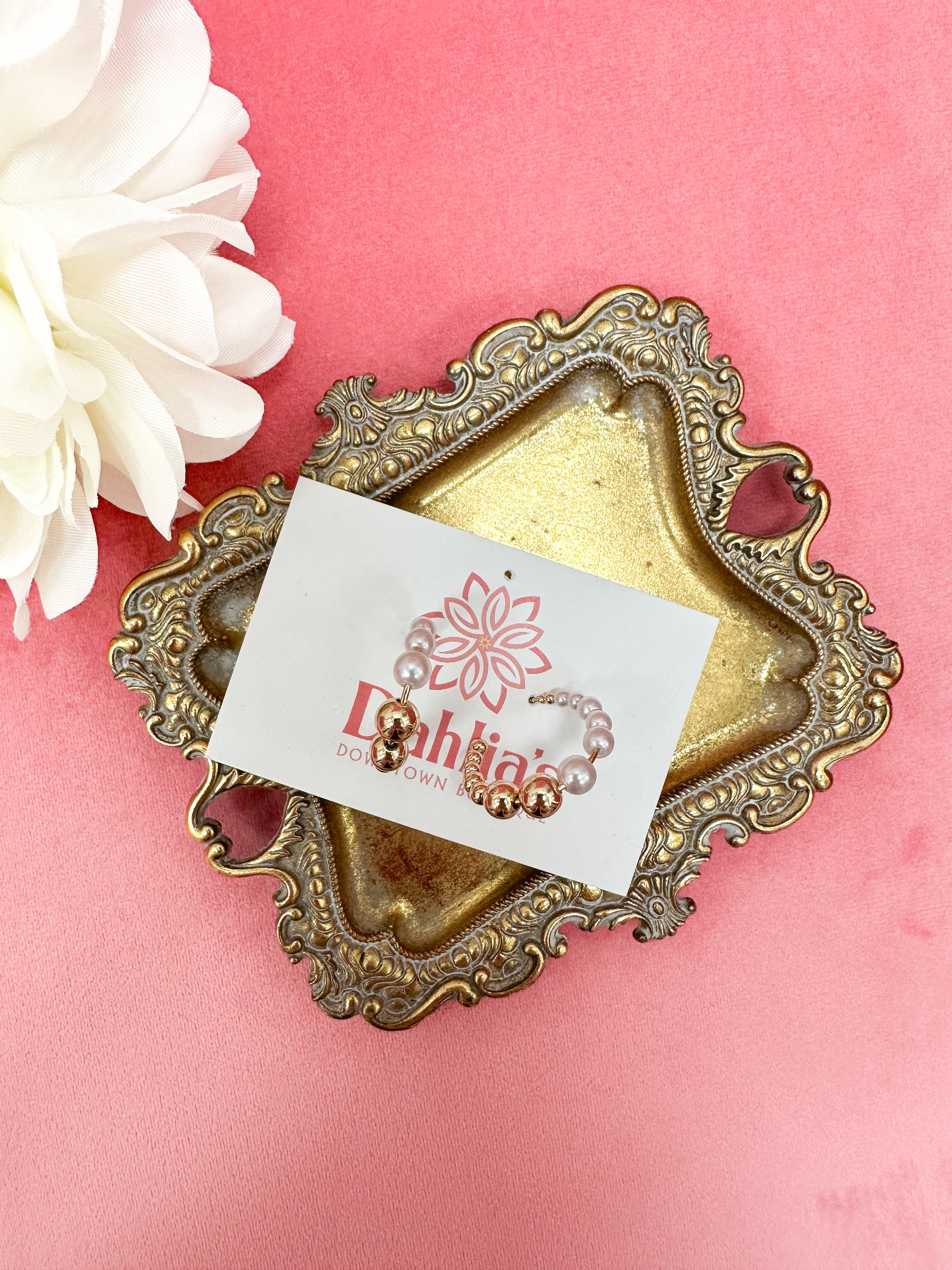 Faux Pearl & Gold Beaded Hoop Earrings