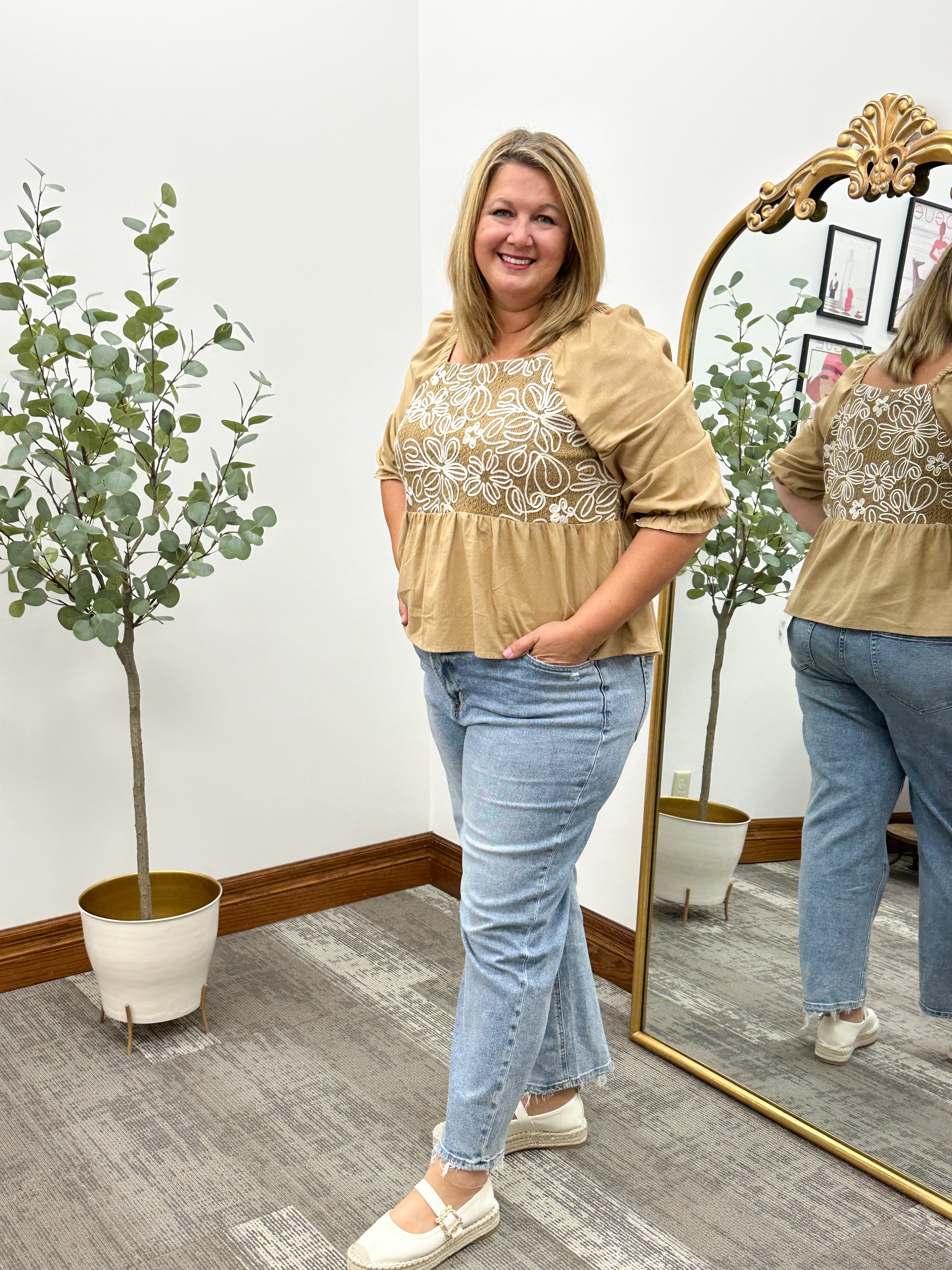 Floral Embroidered Mixed Media Peplum Top