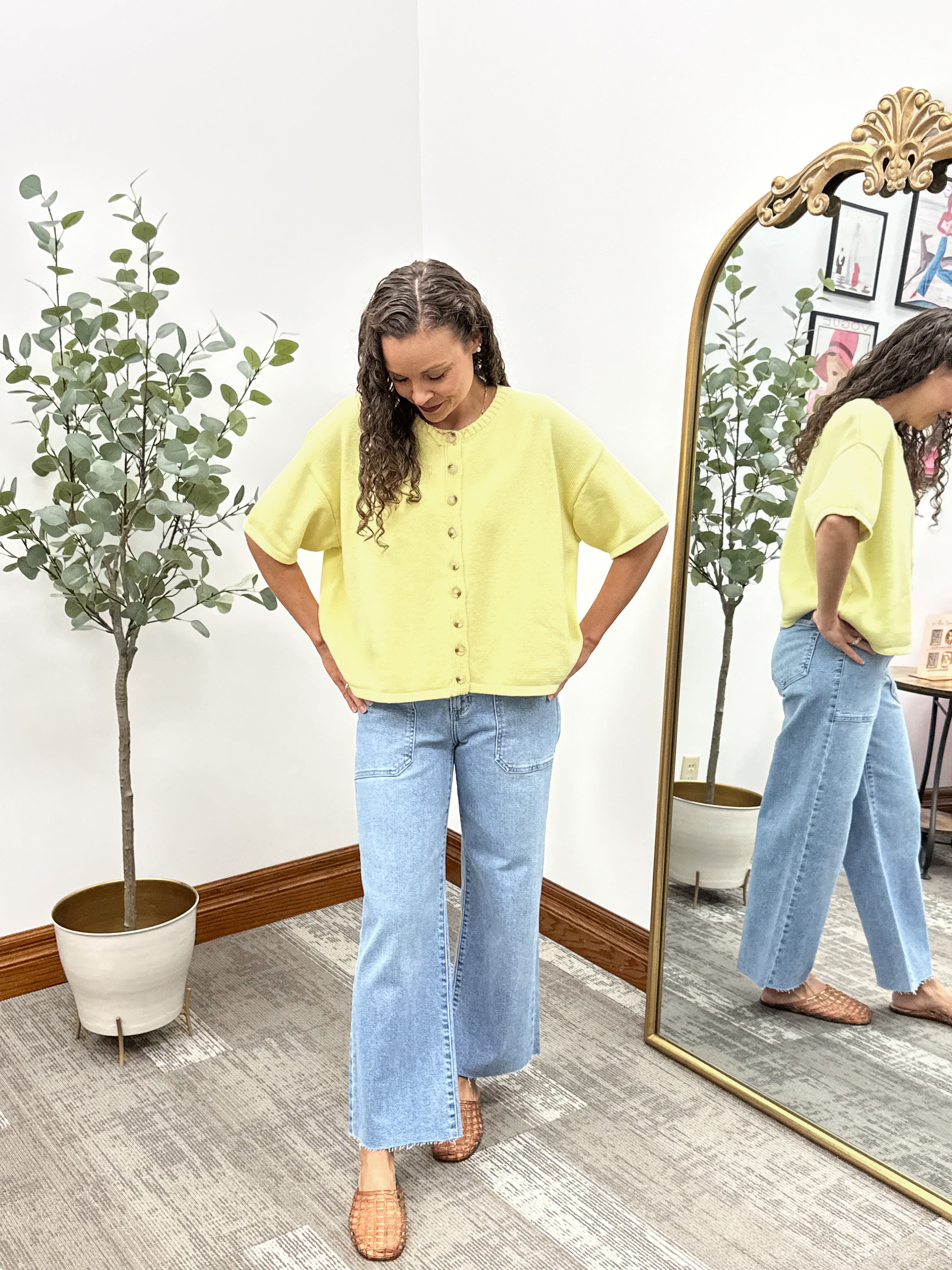 Yellow Short Sleeve Button Up Cardigan