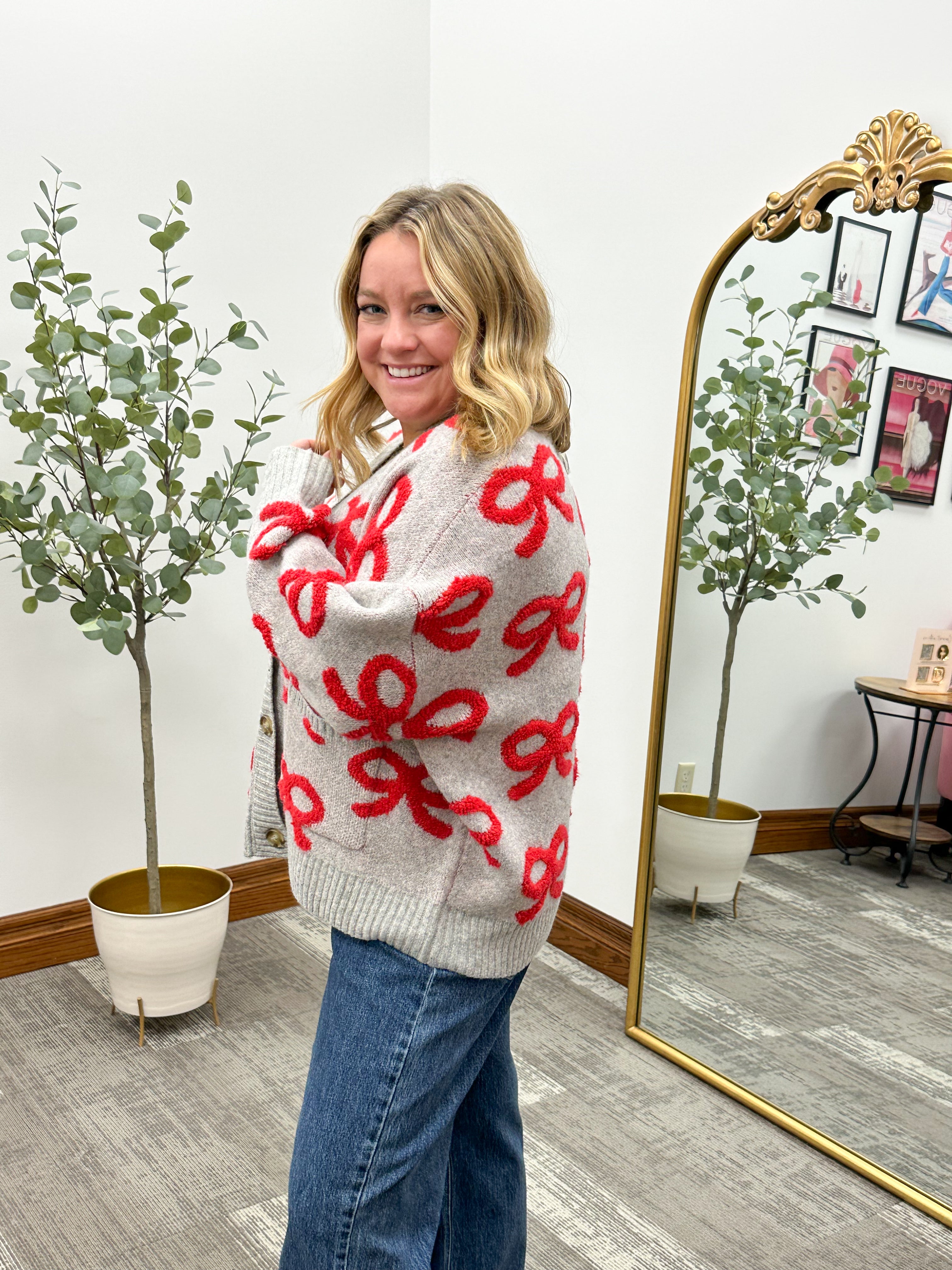 Gray Red Bow Cardigan