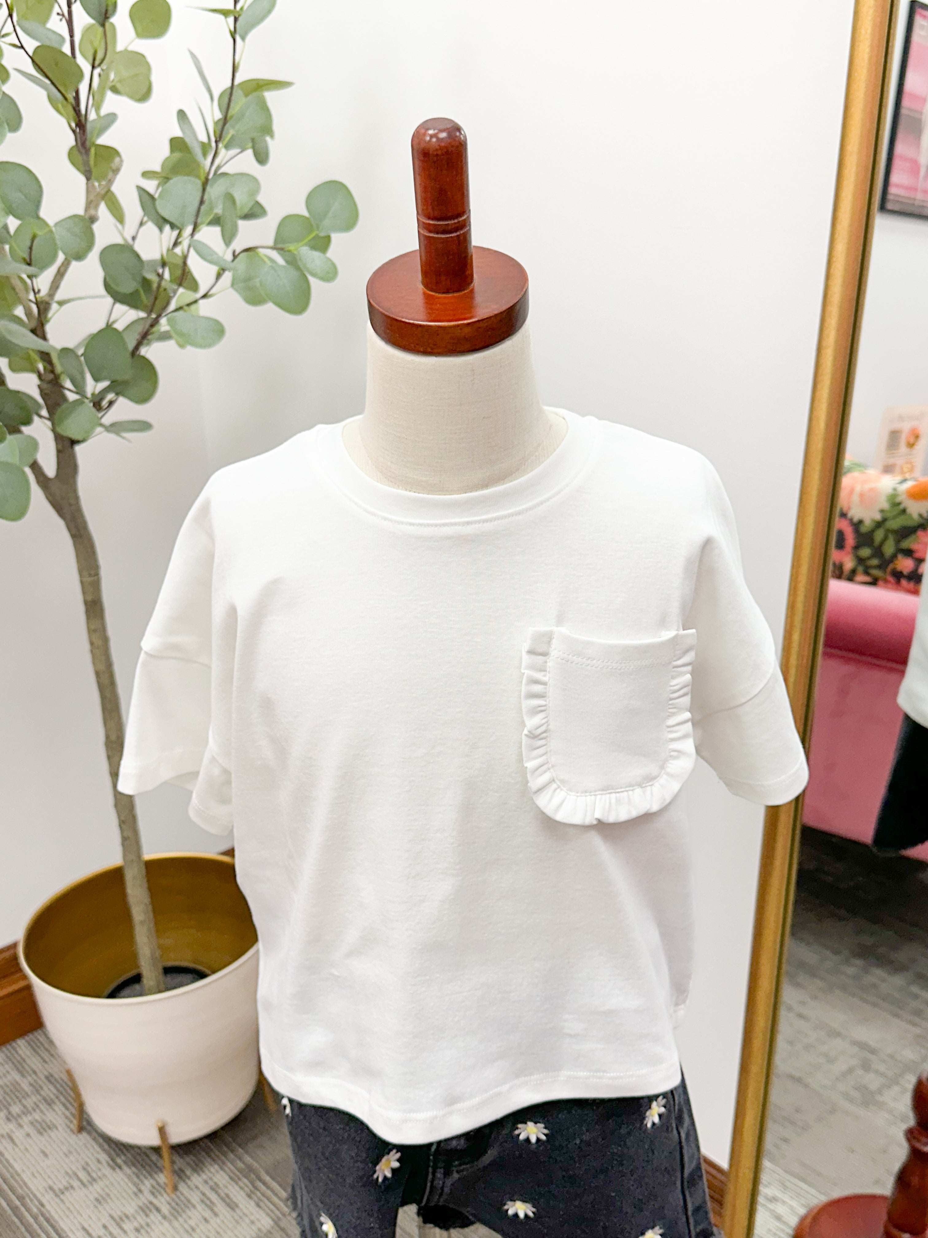 Girls White Ruffle Pocket T-Shirt