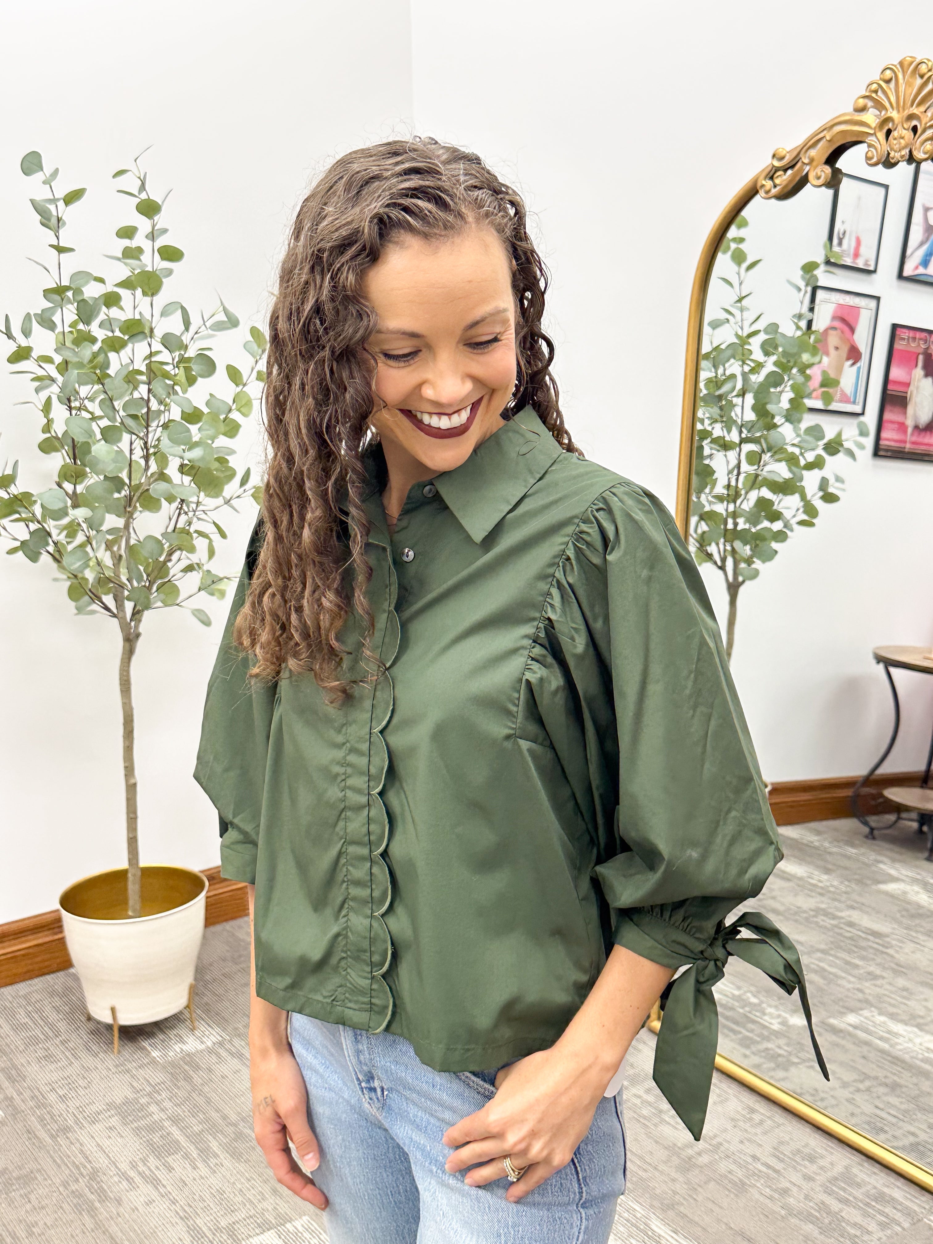 Scalloped Puff Sleeve Button Up Blouse