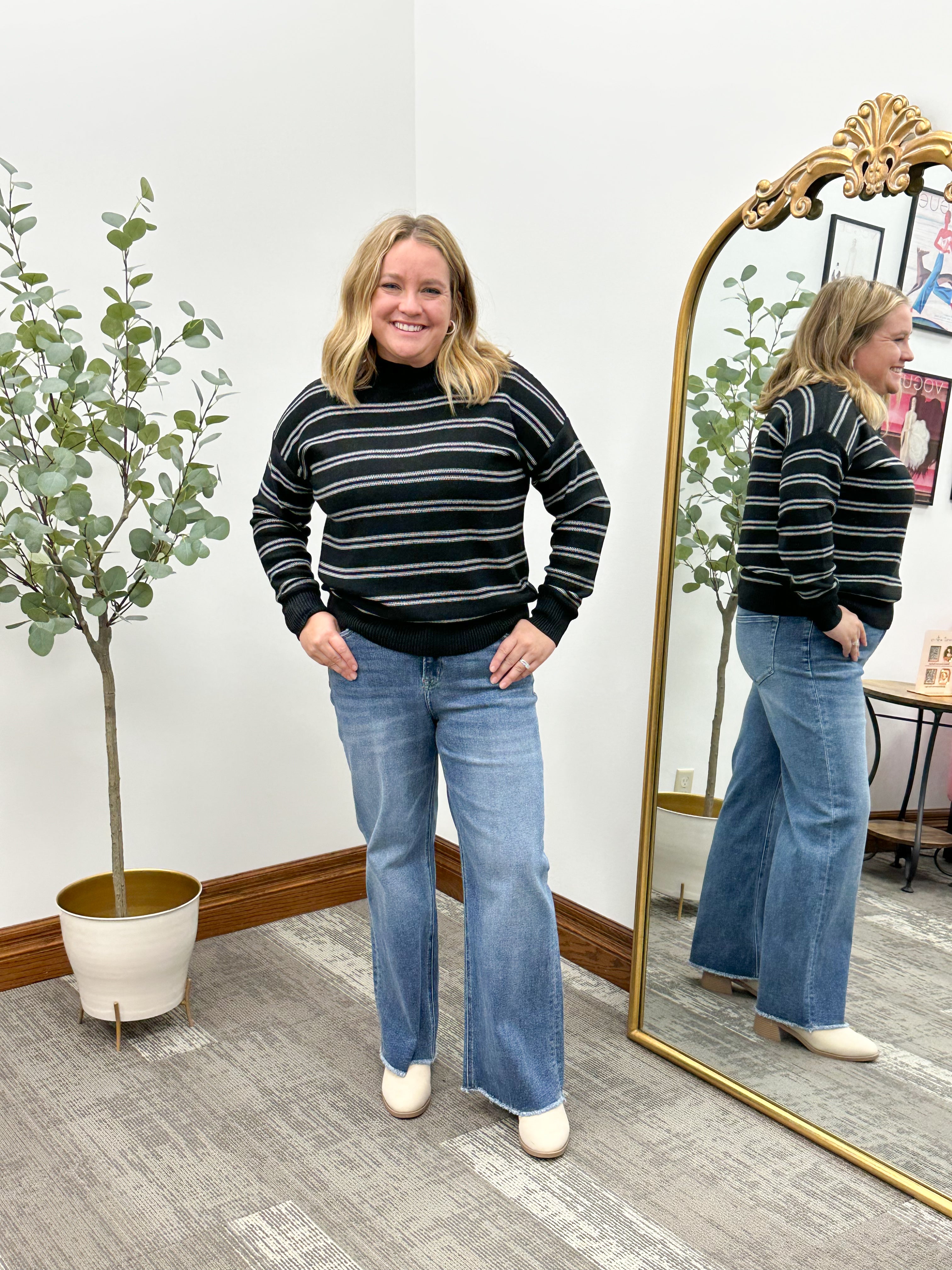 Black & White Striped Mock Neck Sweater