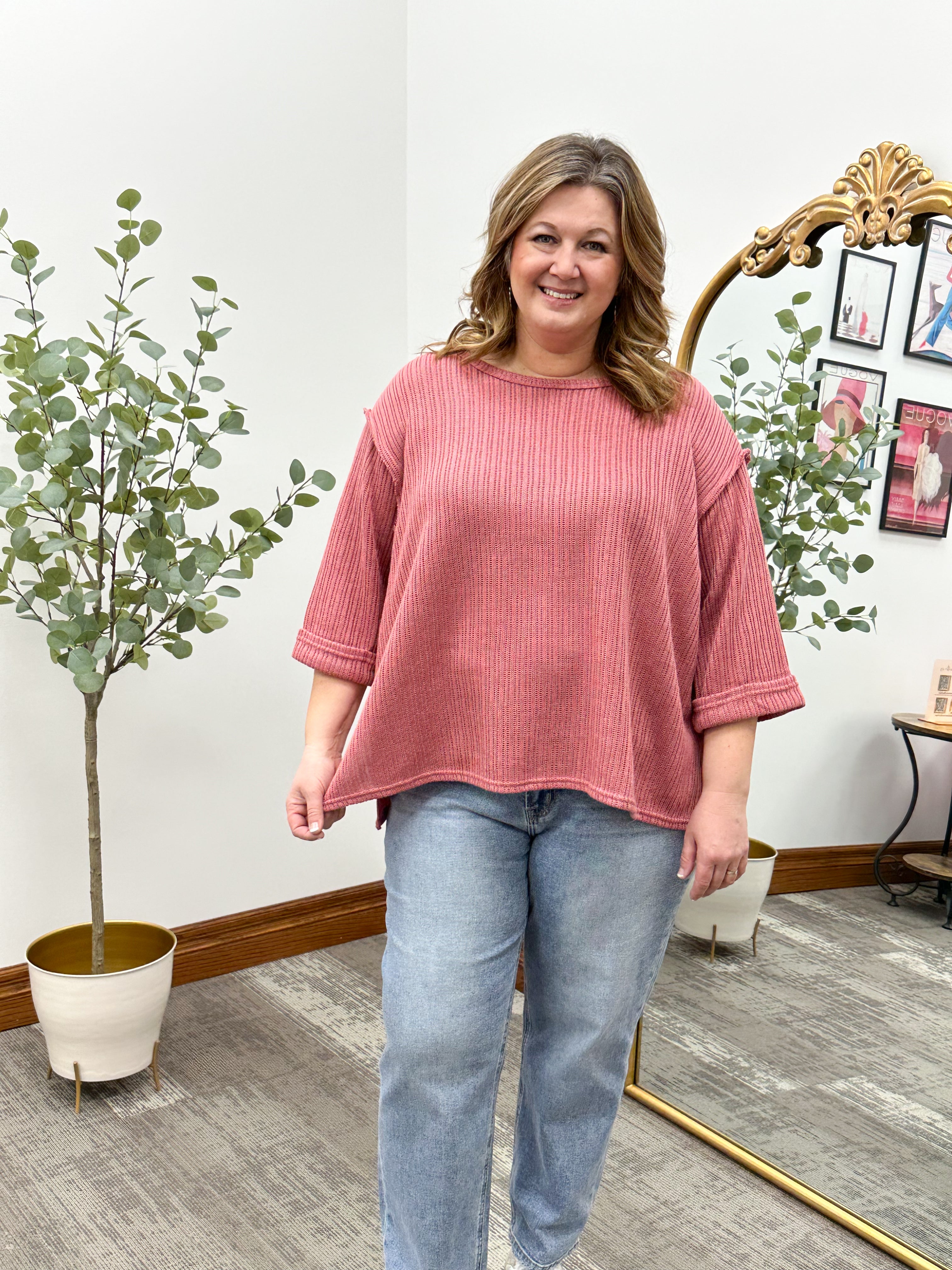 Oversized 3/4 Sleeve Mauve Knit Top