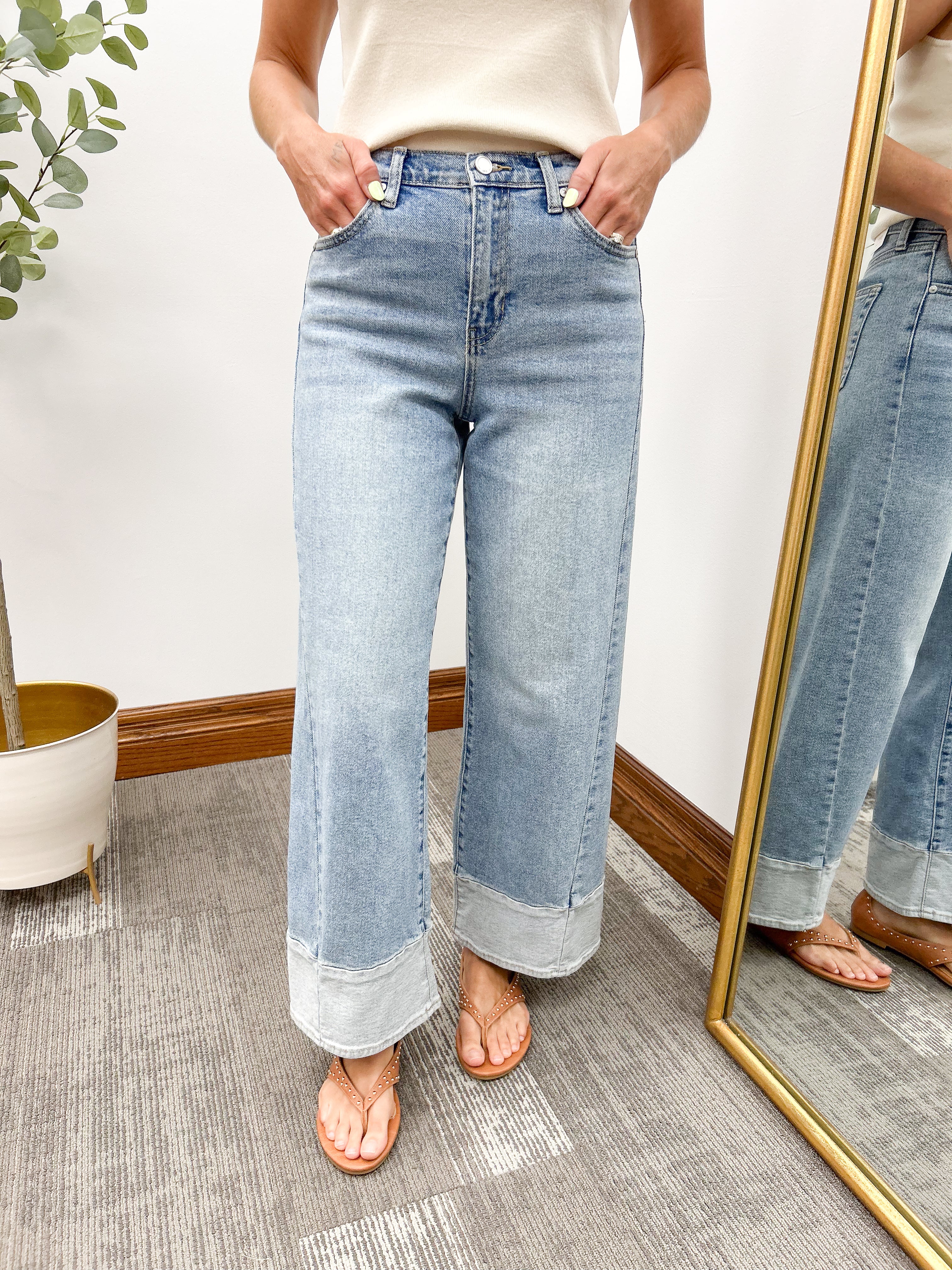 JBD jeans, Light Wash Toned Hem Seam MR Wide Leg Jeans, cute unique jeans