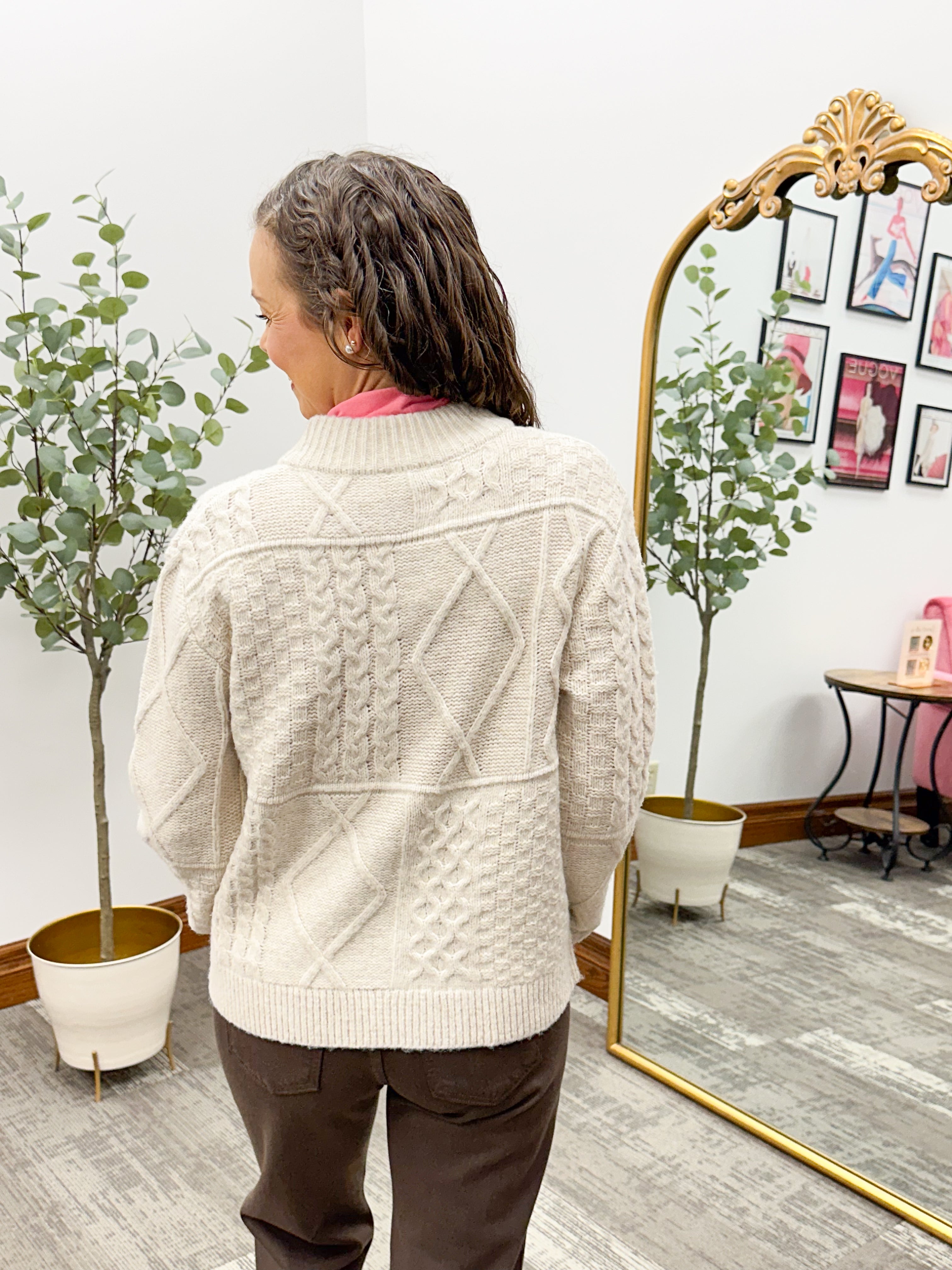 Neutral Cable Knit Zip Up Cardigan