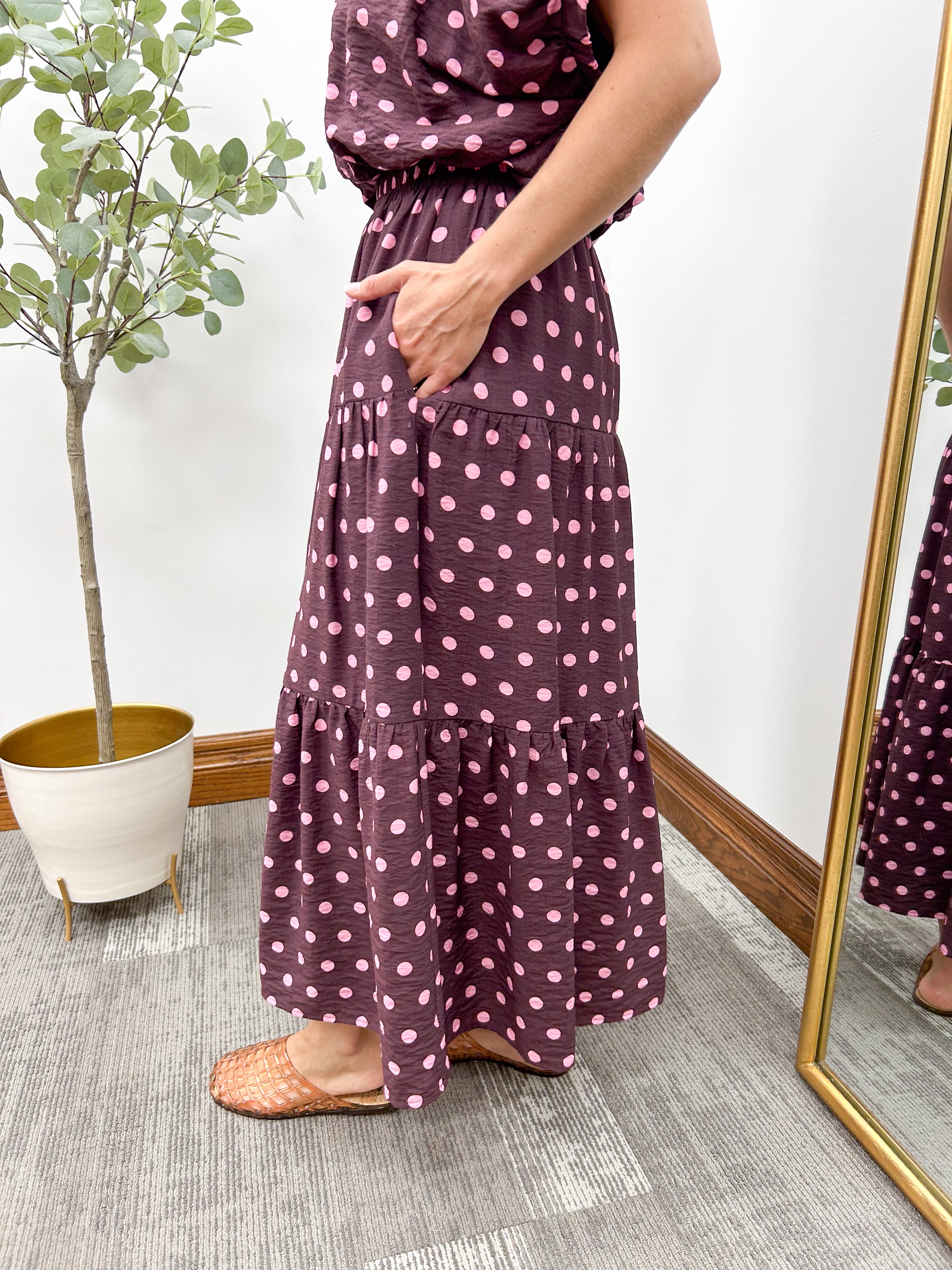Pink Polka Dot Tiered Midi Skirt