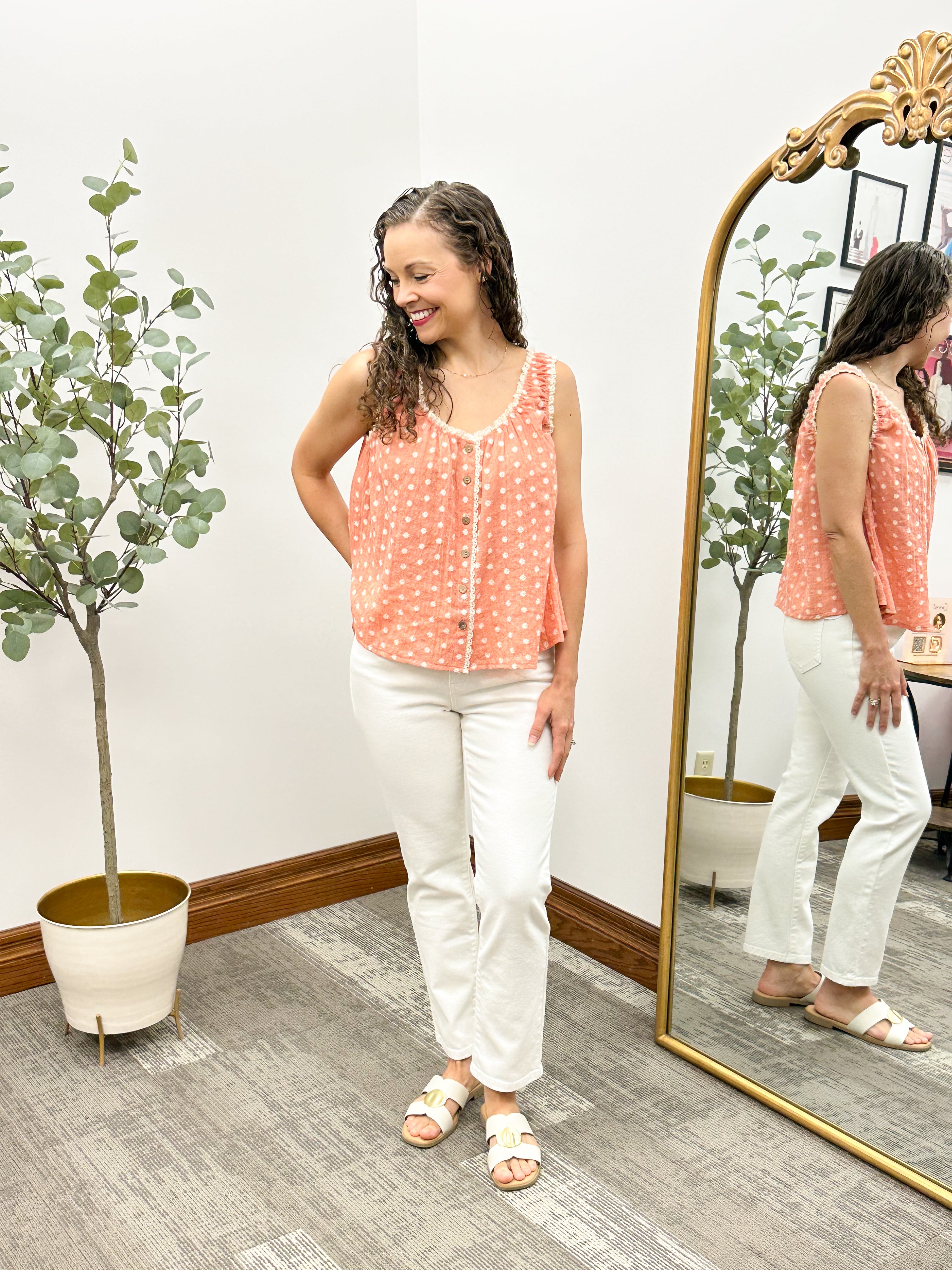 Coral Floral Embroidered Tank Top