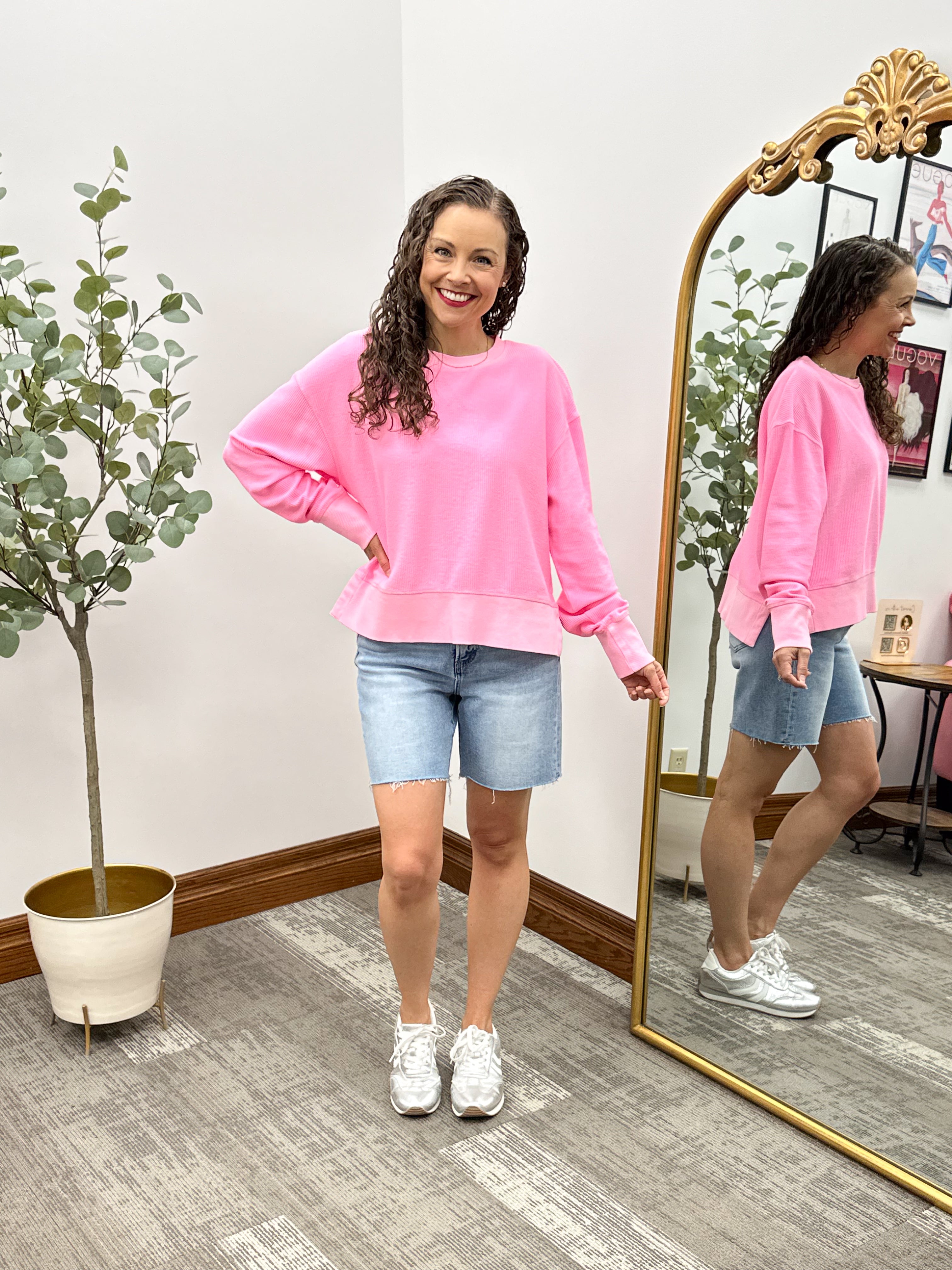 Neon Pink Split Hem Corded Crewneck