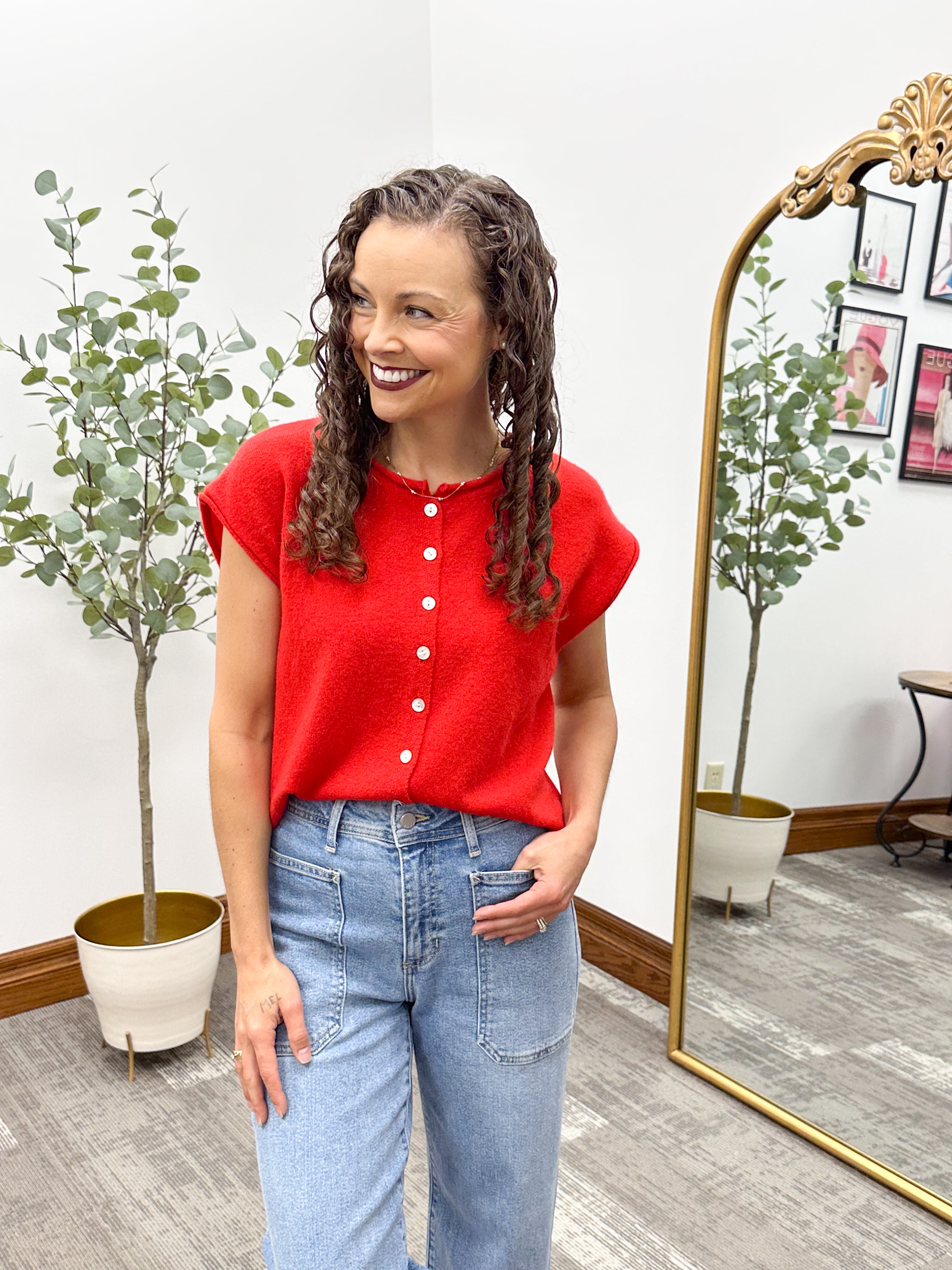 Red Lightweight Sleeveless Button Cardigan