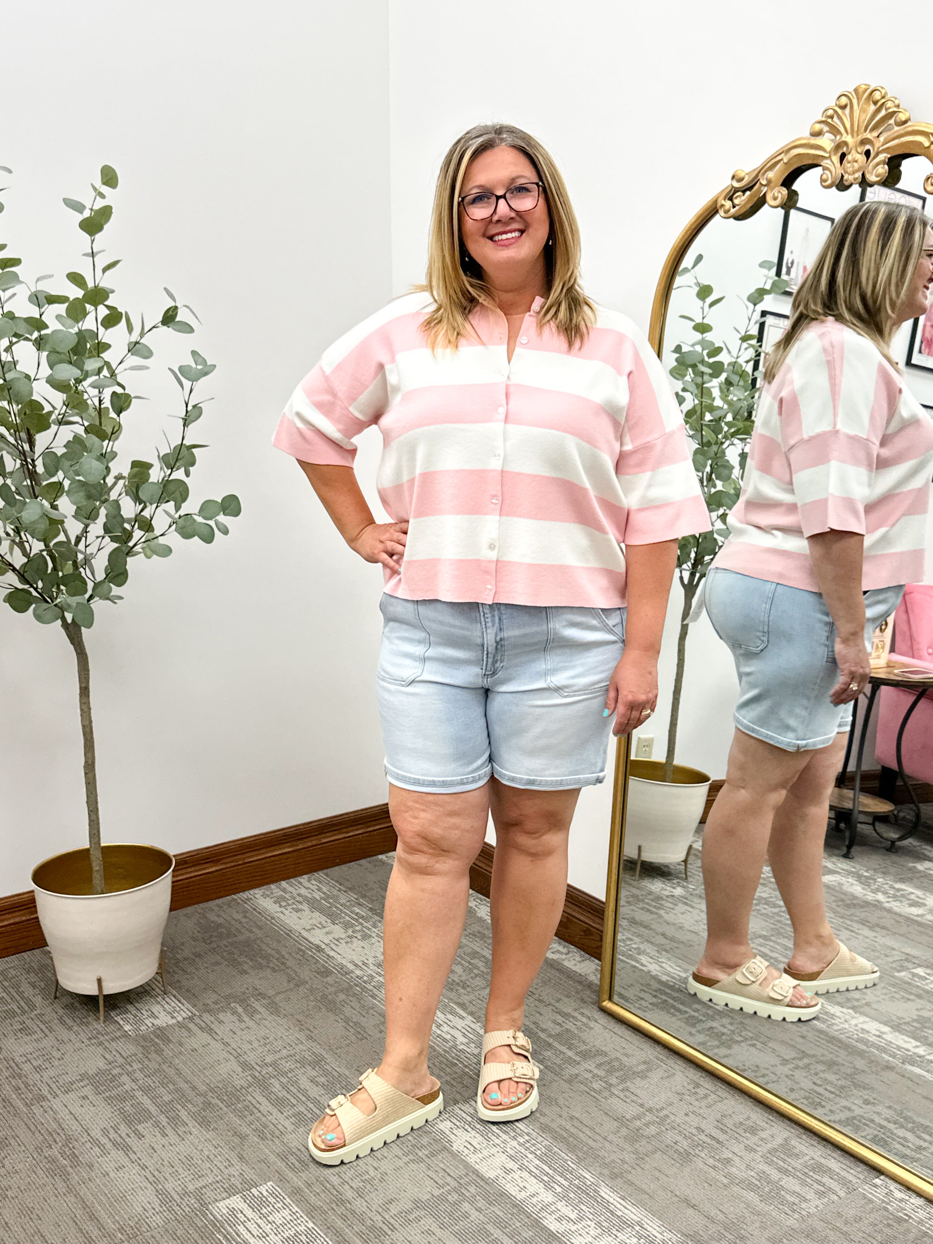 Pink Striped Short Sleeve Knit Cardigan