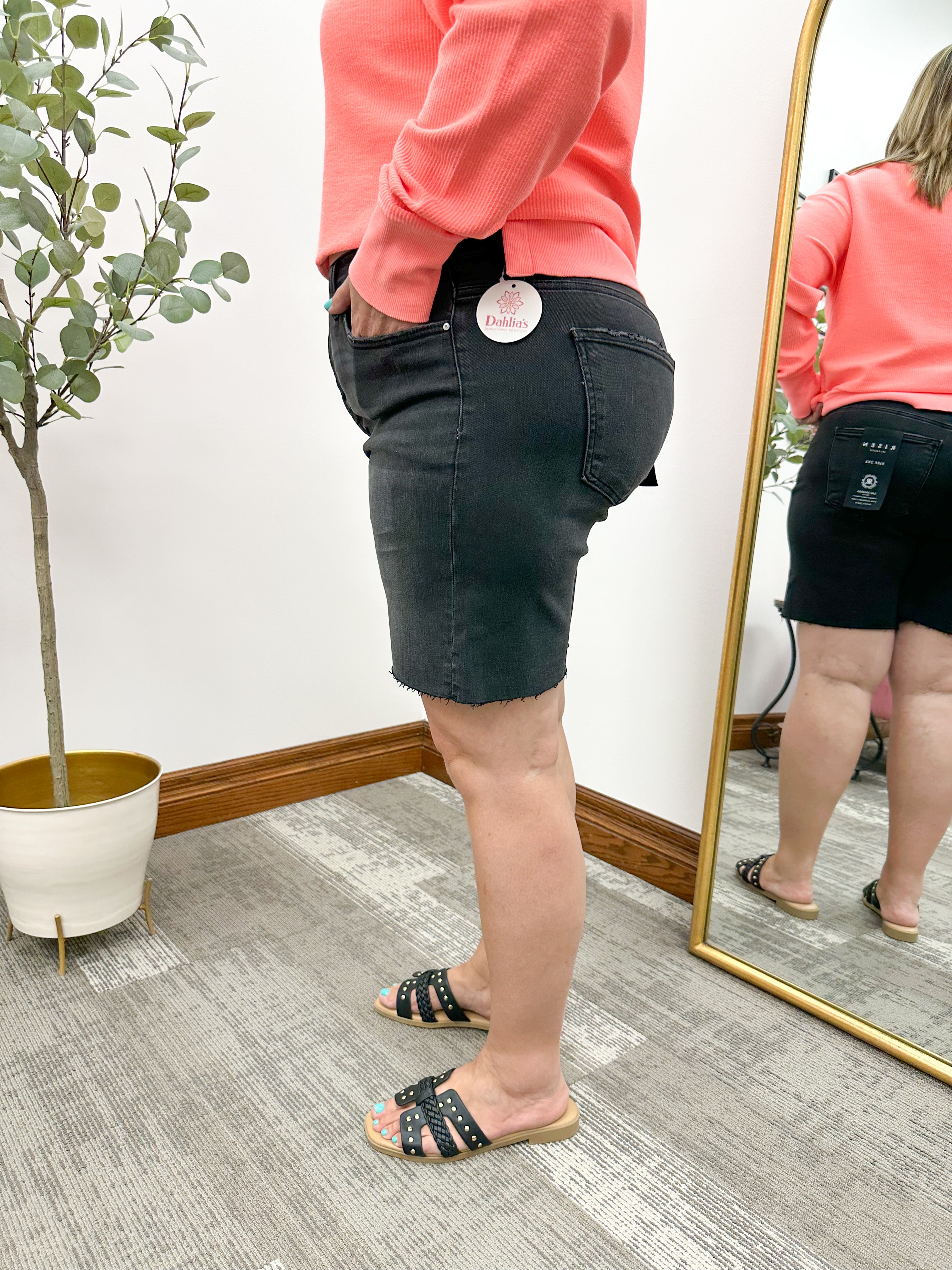 Black Tummy Control HR Raw Hem Denim Shorts