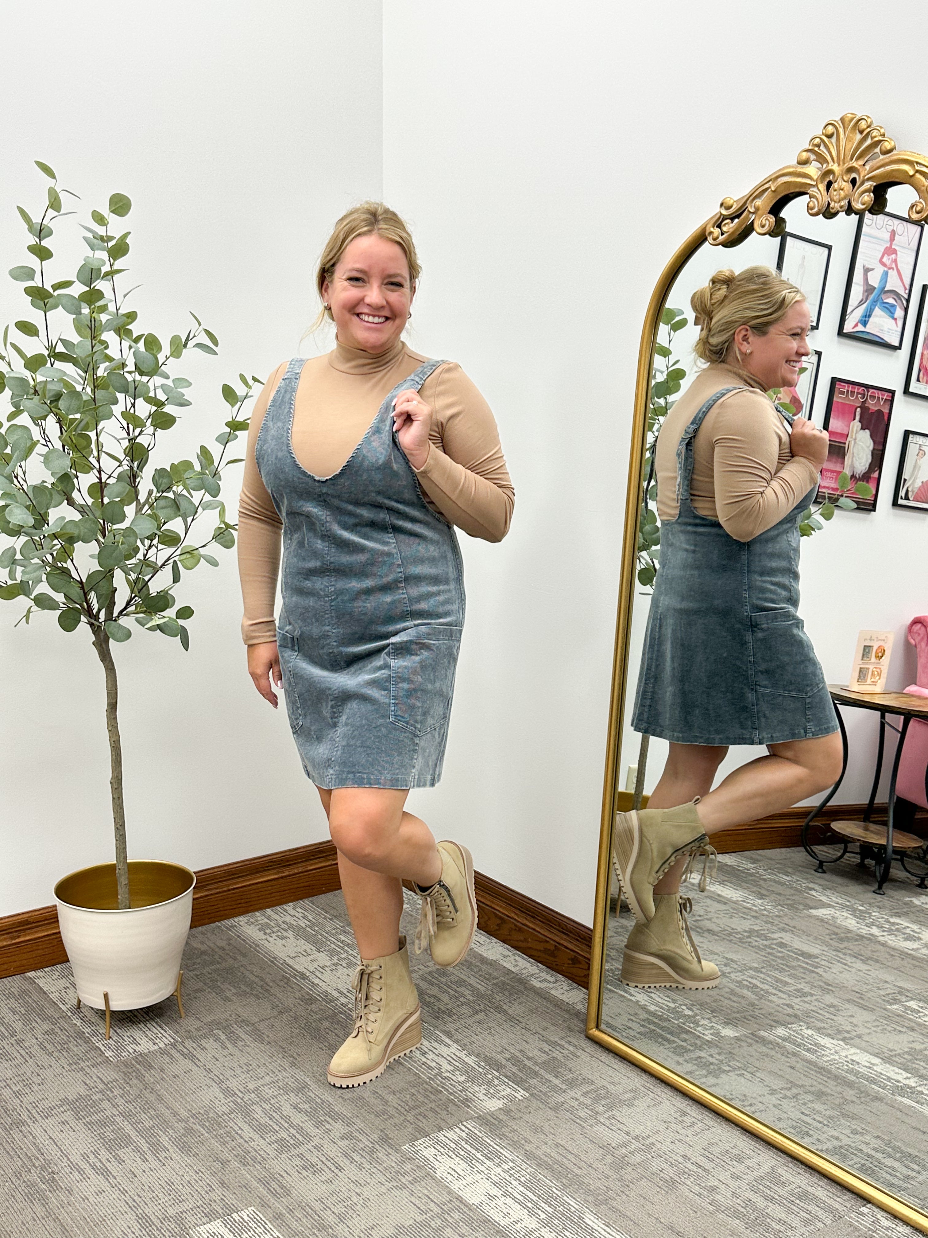 Washed Blue Corduroy Jumper Dress
