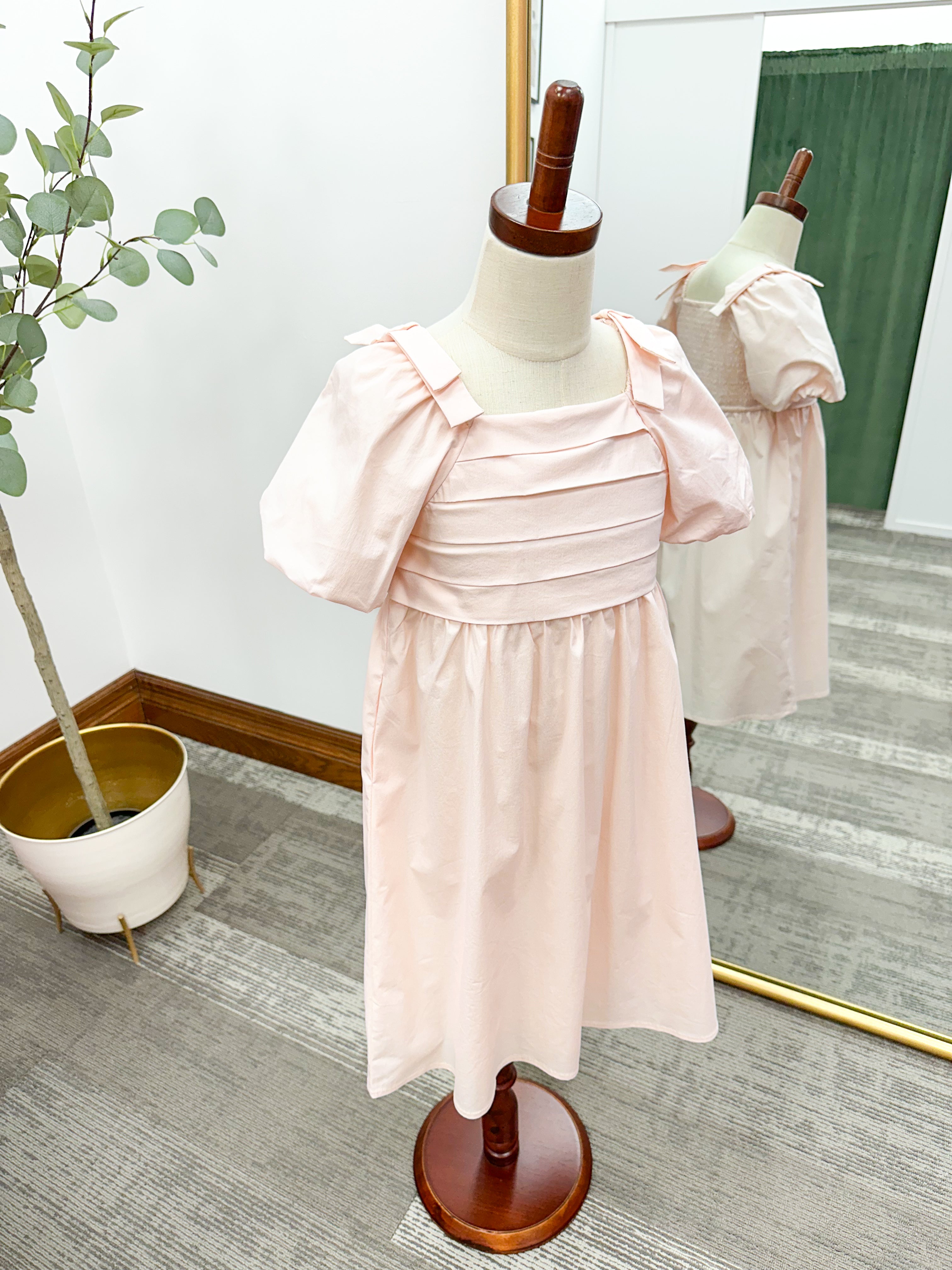 Girls Pleat Detail Bow Sleeve Dress