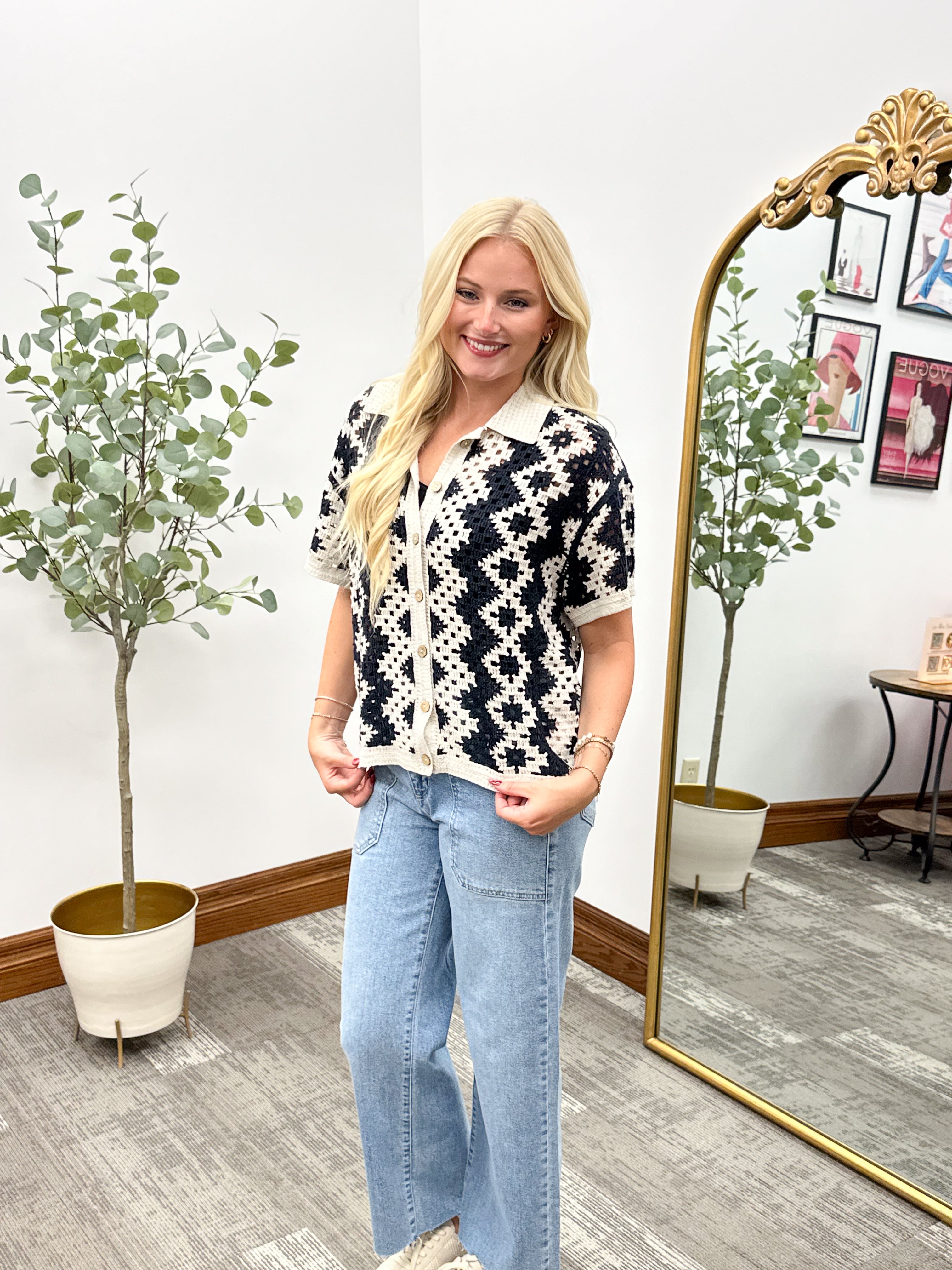 Black & Cream Patterned Button Front Cardigan