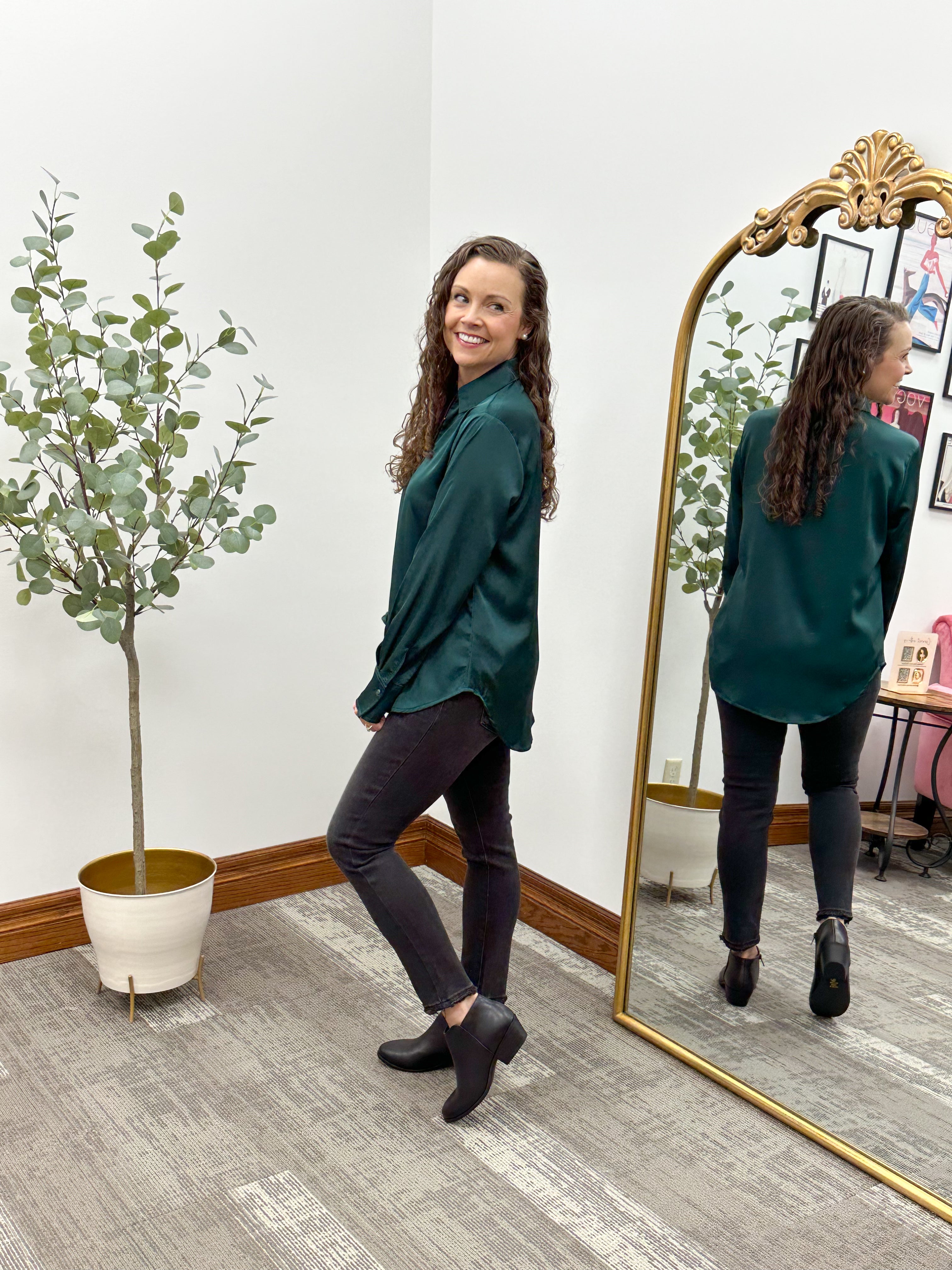 Hunter Green Satin Button Down Blouse