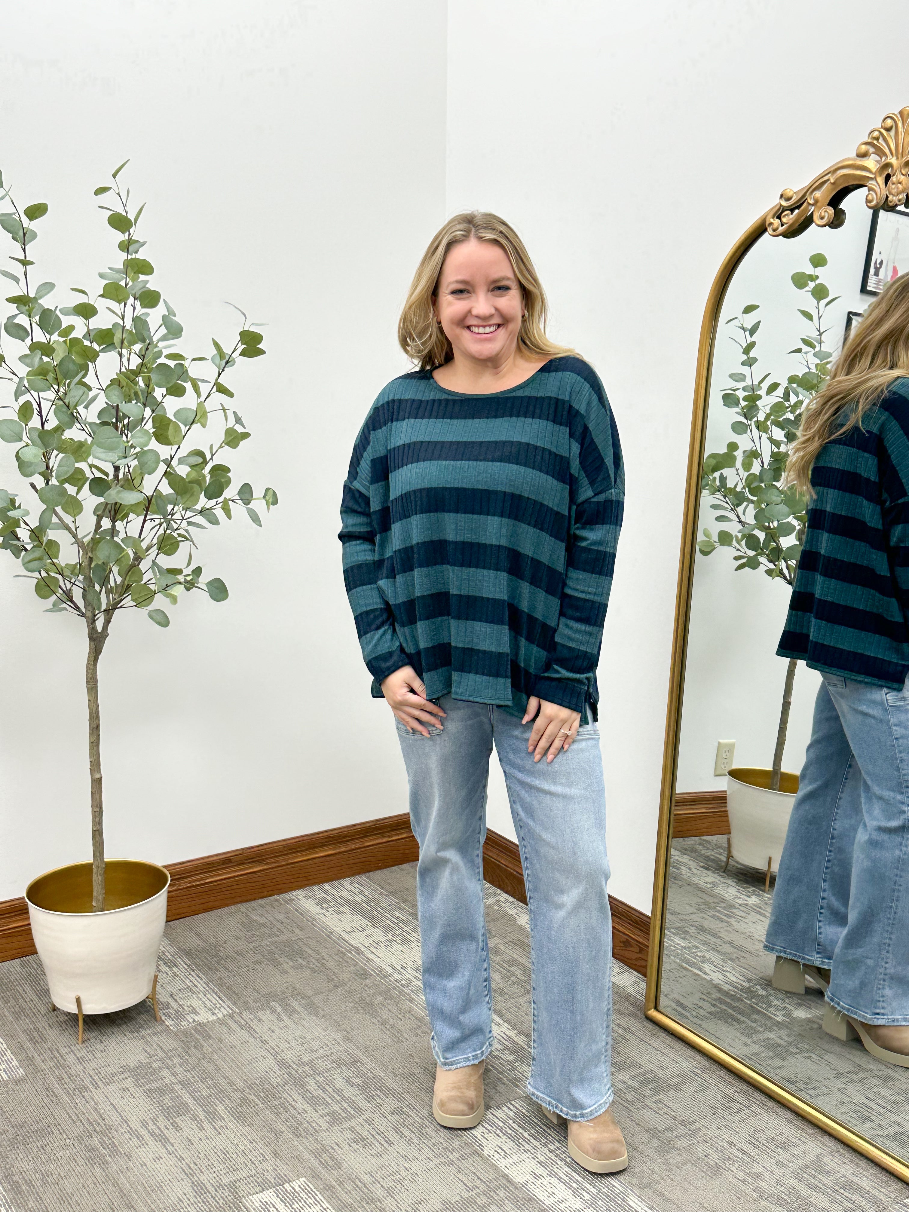 Navy + Green Striped Top