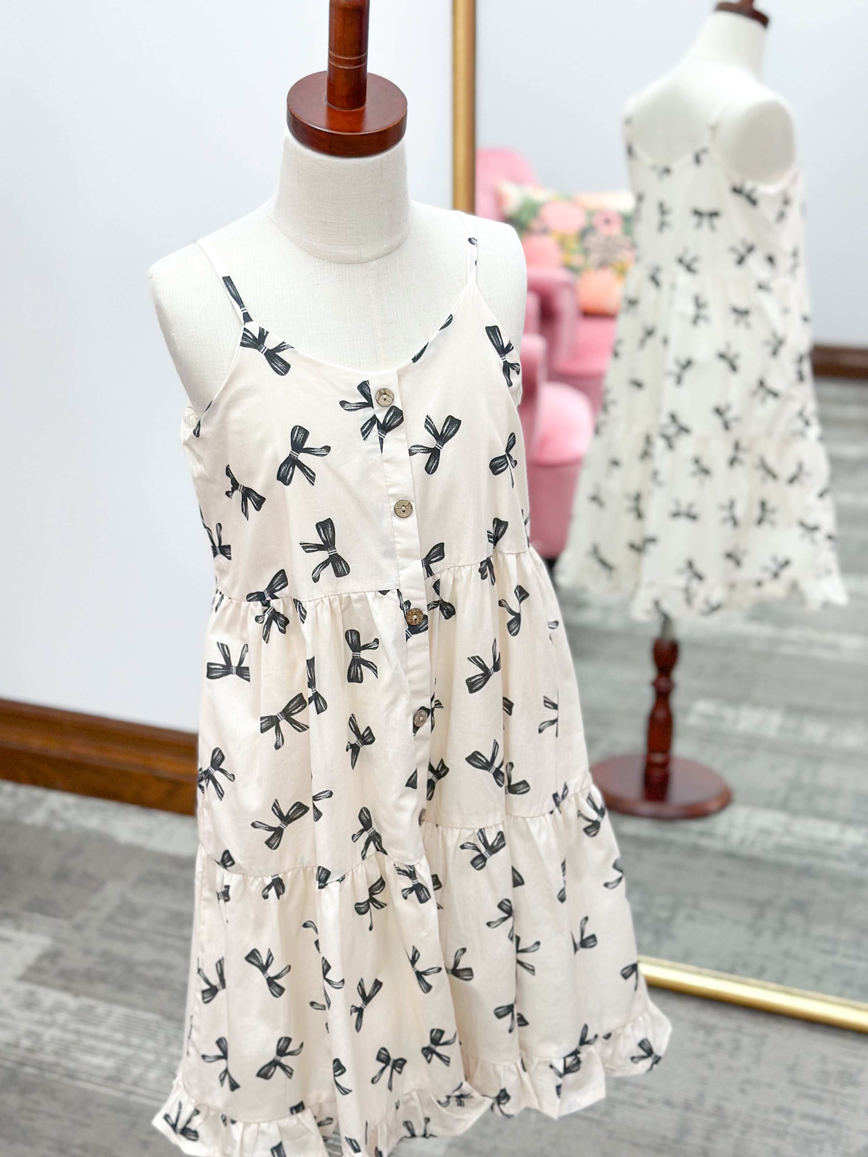 Girls Bow Print Tiered Ruffle Dress