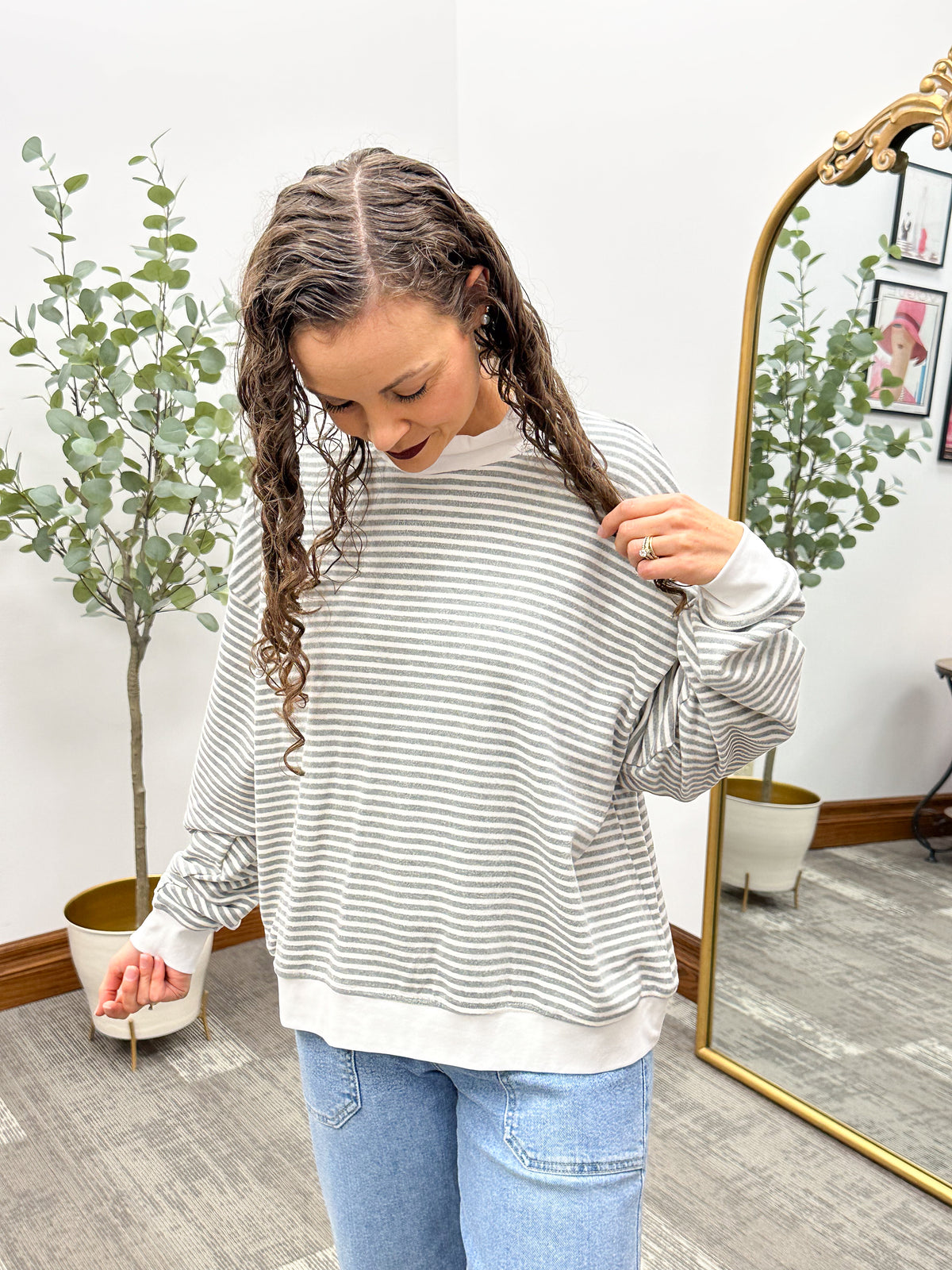Striped Brushed Mock Neck Knit Top
