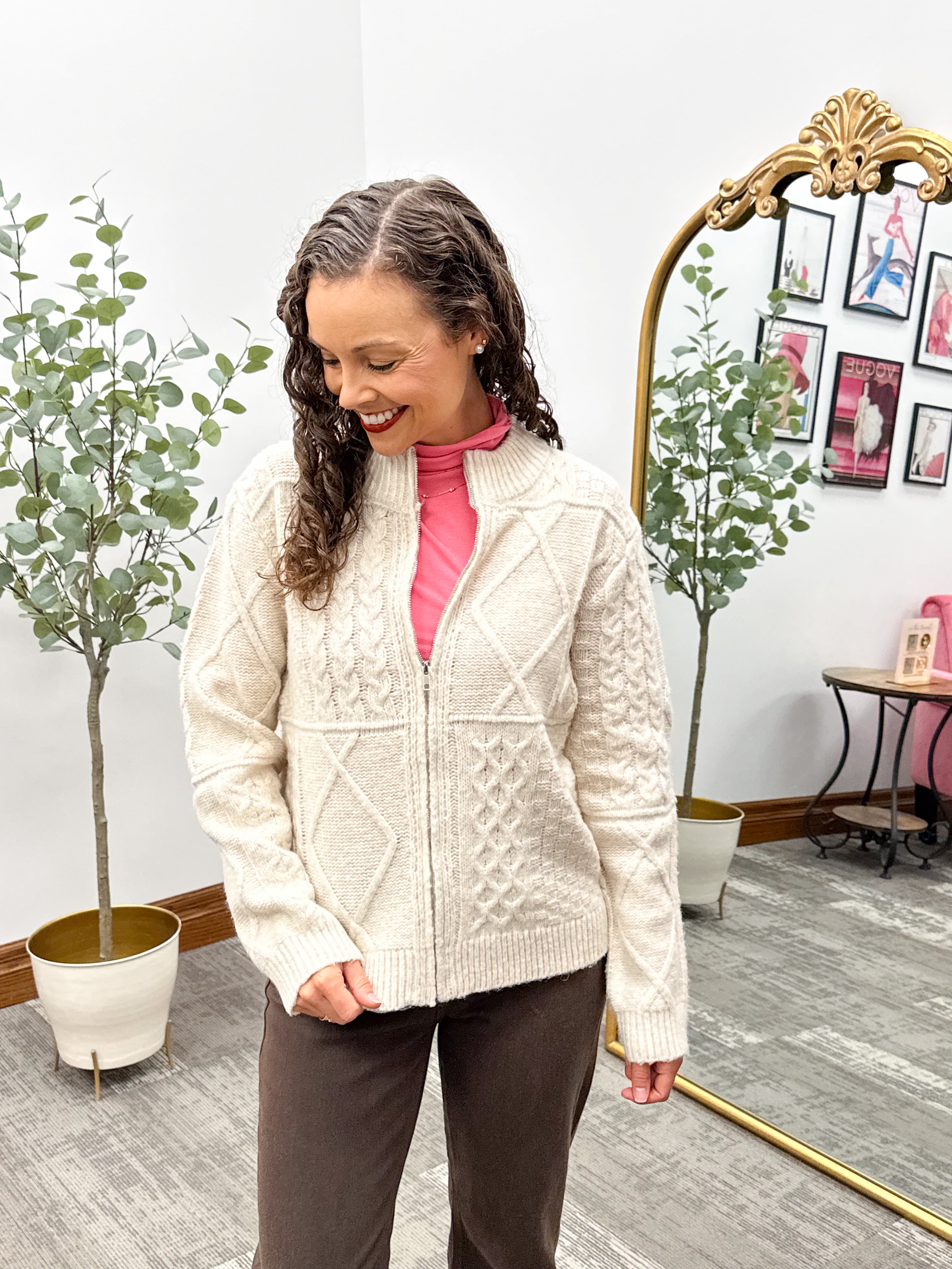 Neutral Cable Knit Zip Up Cardigan