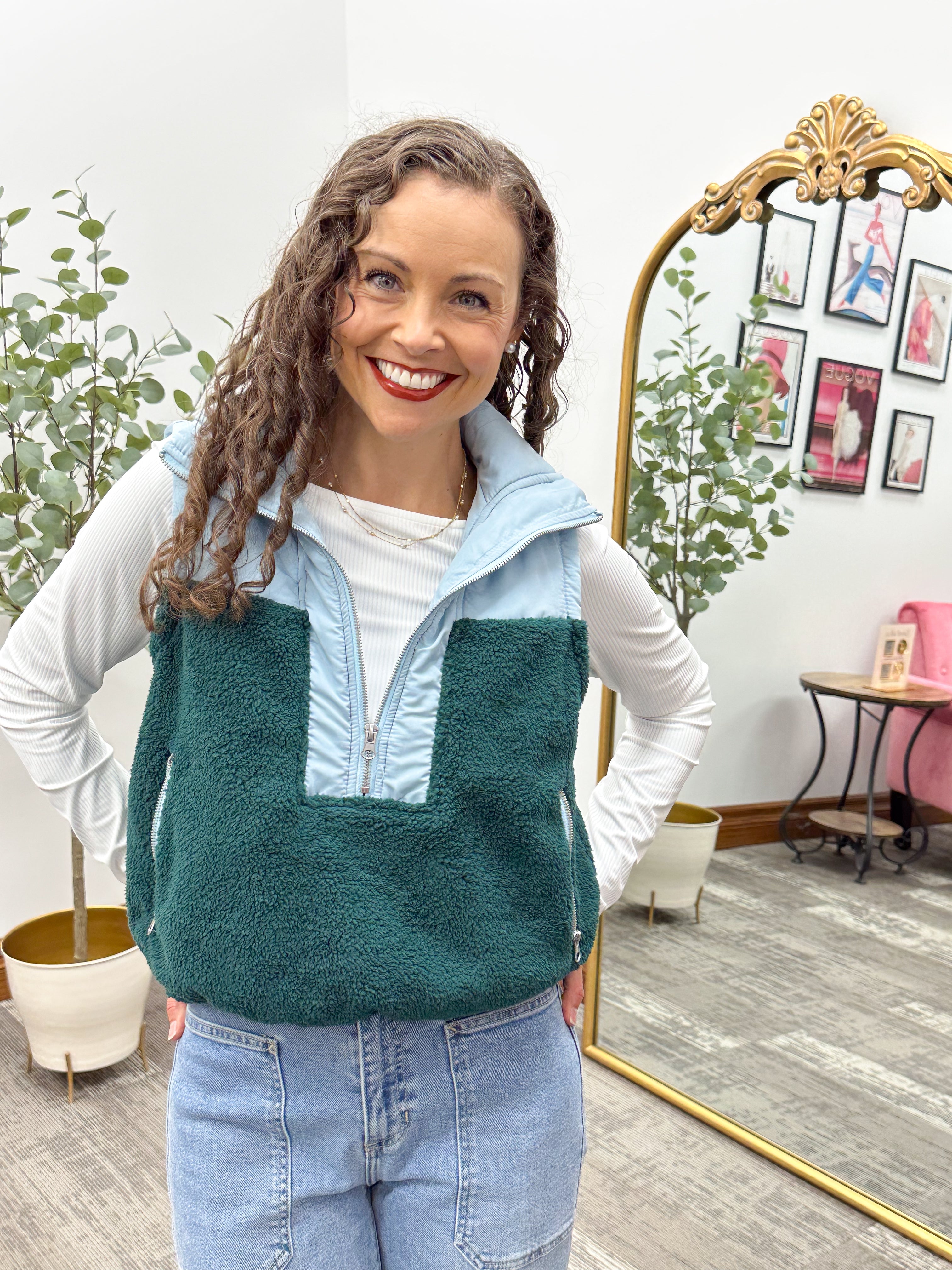 Green Sherpa Half Zip Puffer Vest