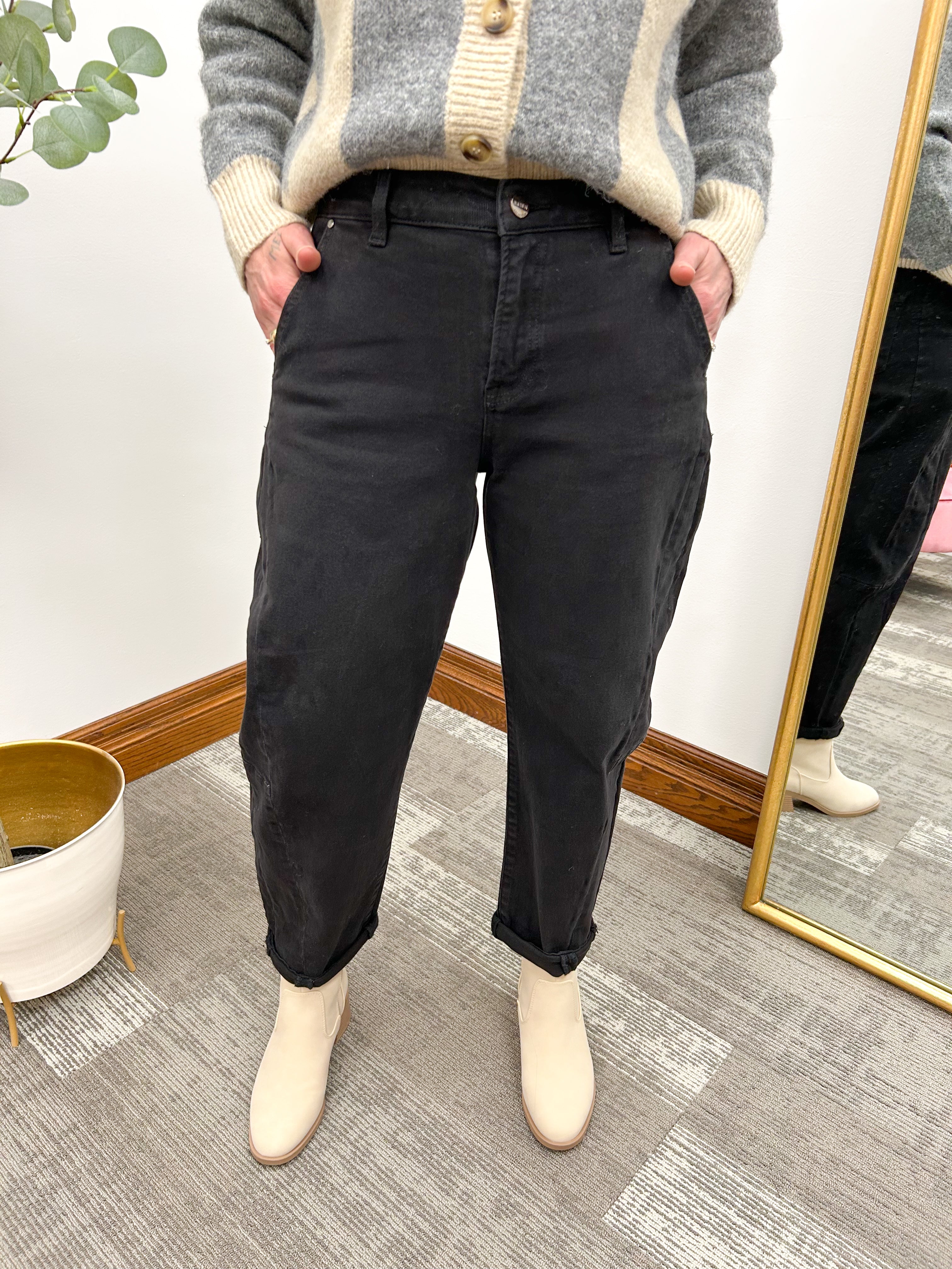 High Rise Cuffed Black Barrel Jeans