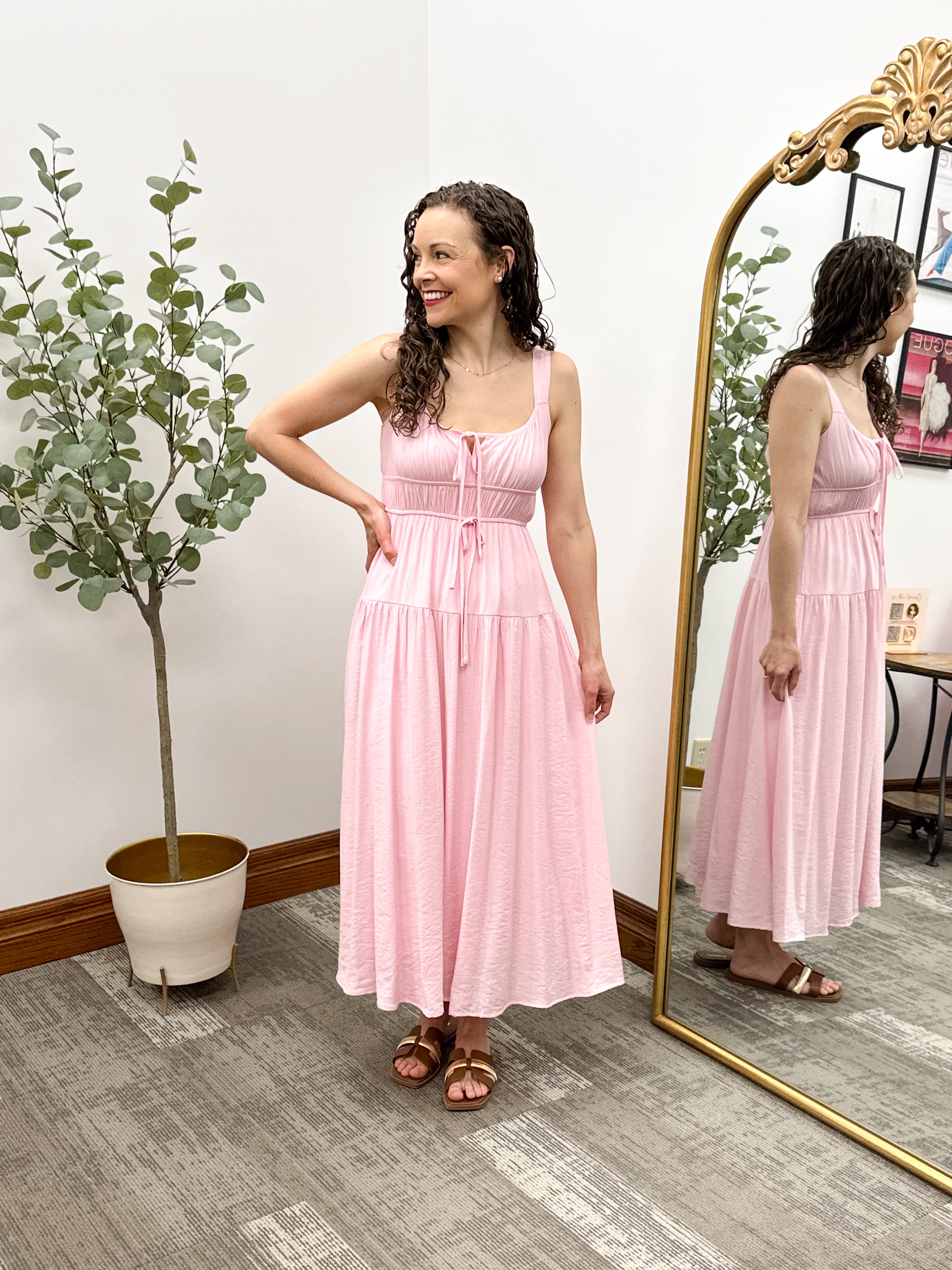 Pink Front Tie Midi Dress