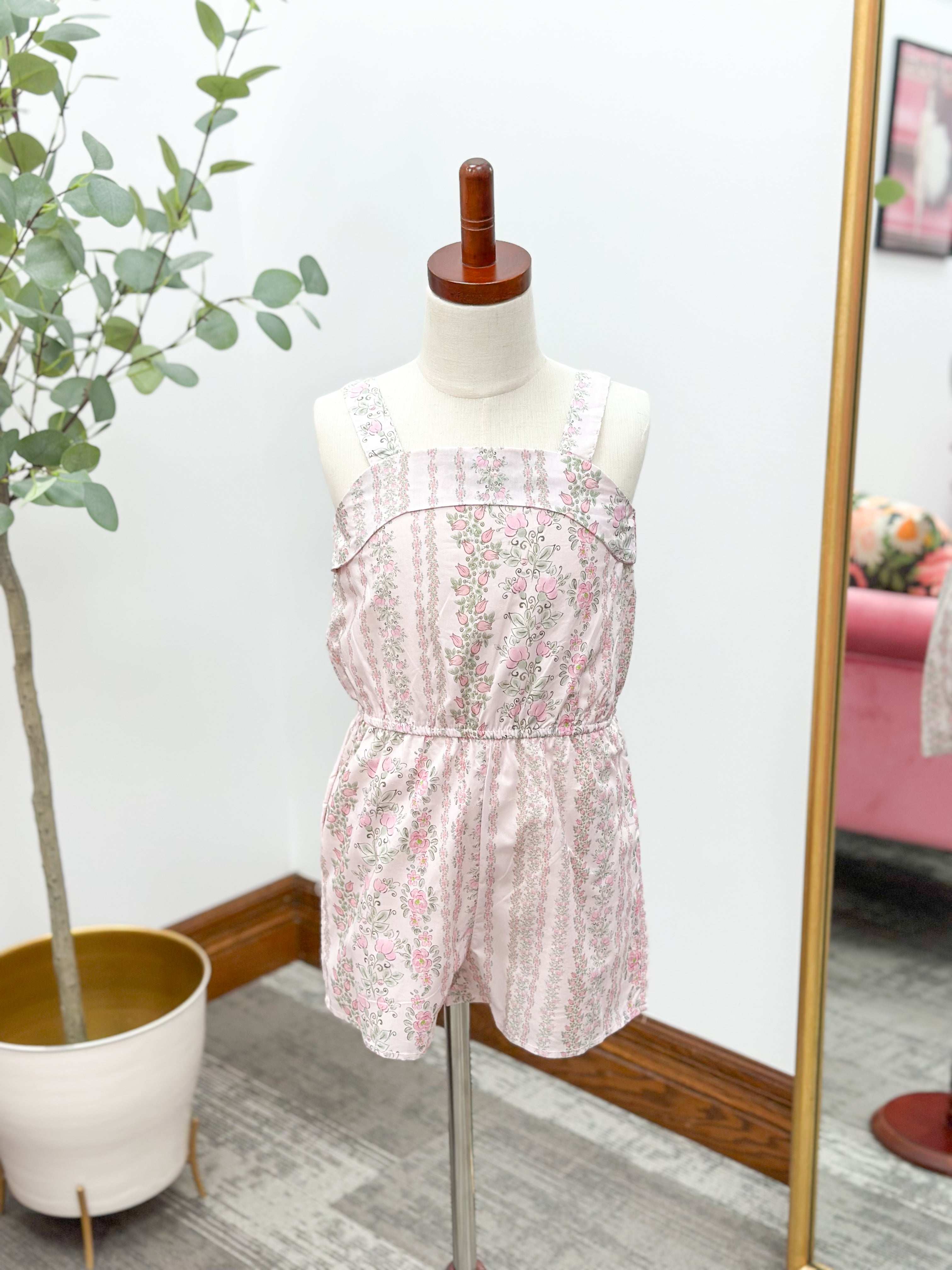 Girls Pink Floral Romper With Adjustable Straps
