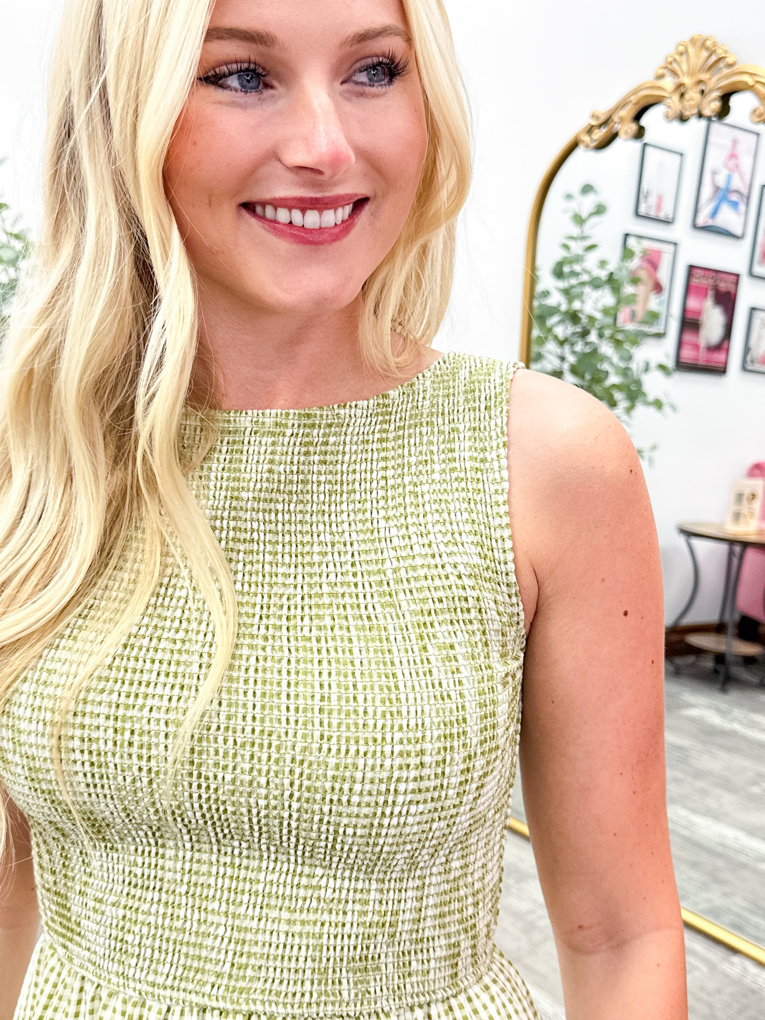 Green Gingham Smocked Mini Dress