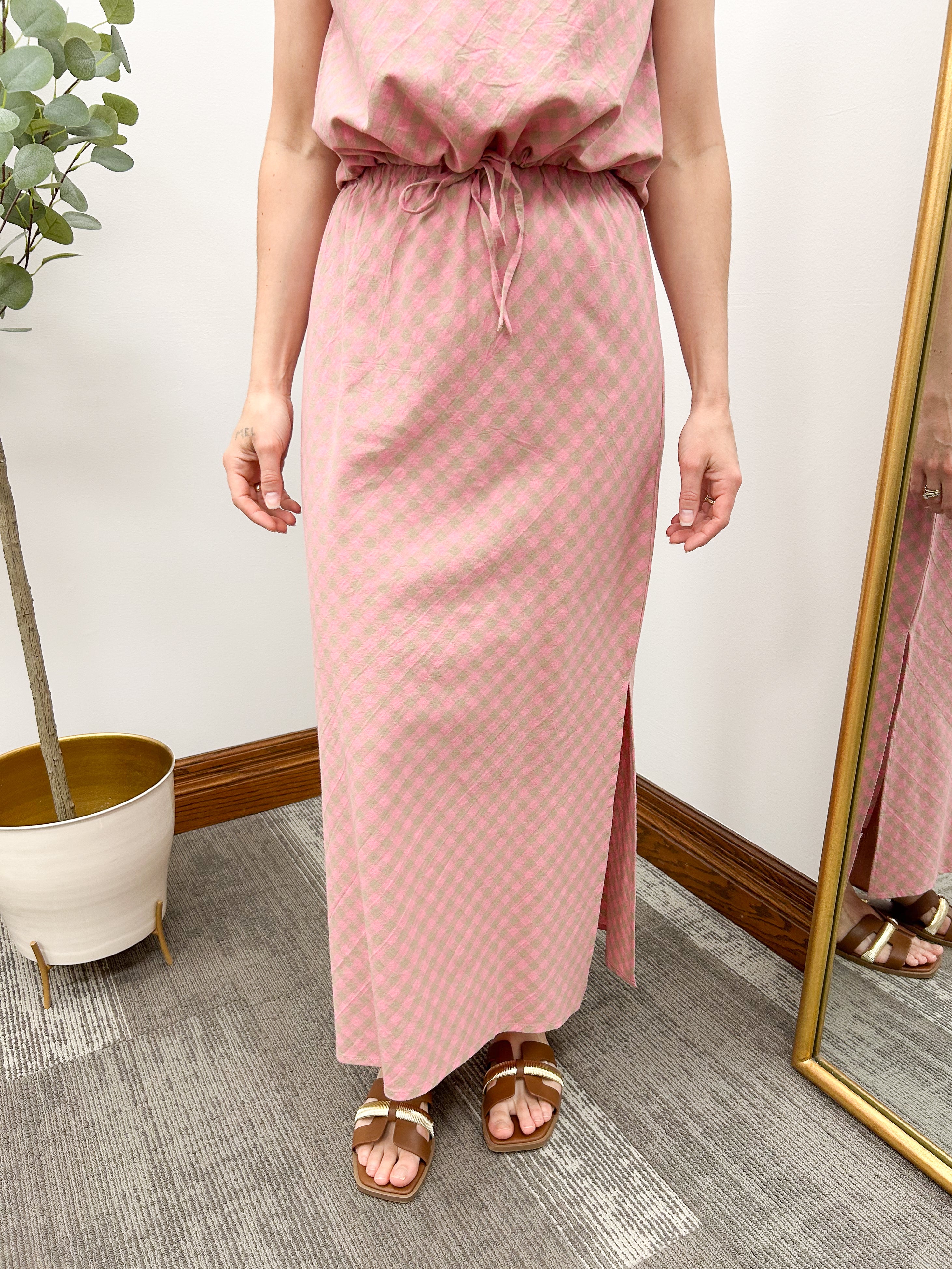 Pink & Mocha Gingham Tank & Skirt Set