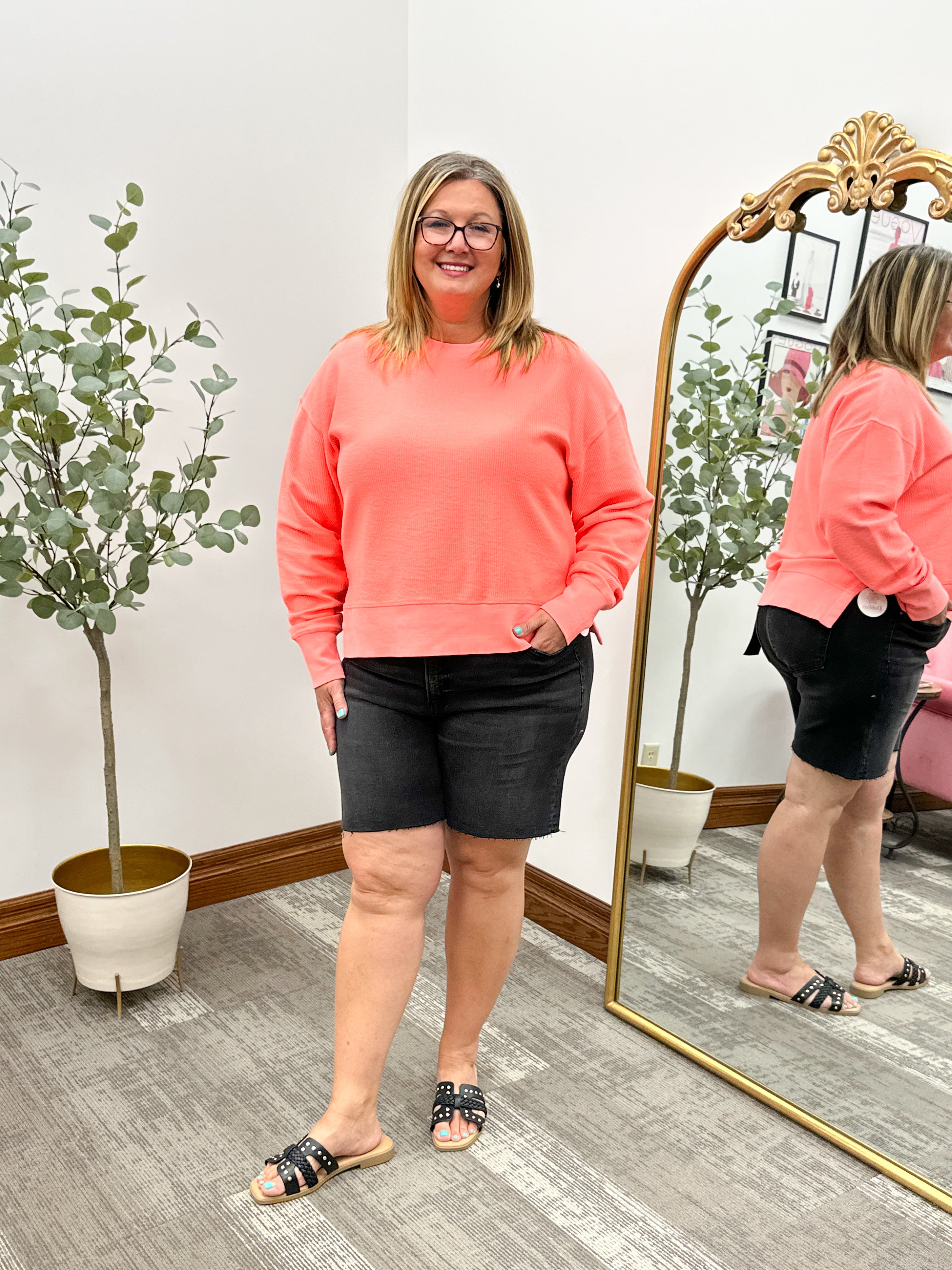 Neon Coral Split Hem Corded Crewneck